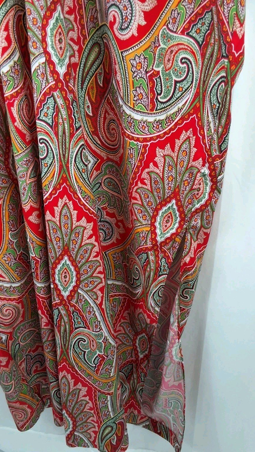 Vintage Mary McFadden V Neck Red Paisley Caftan House Dress One Size