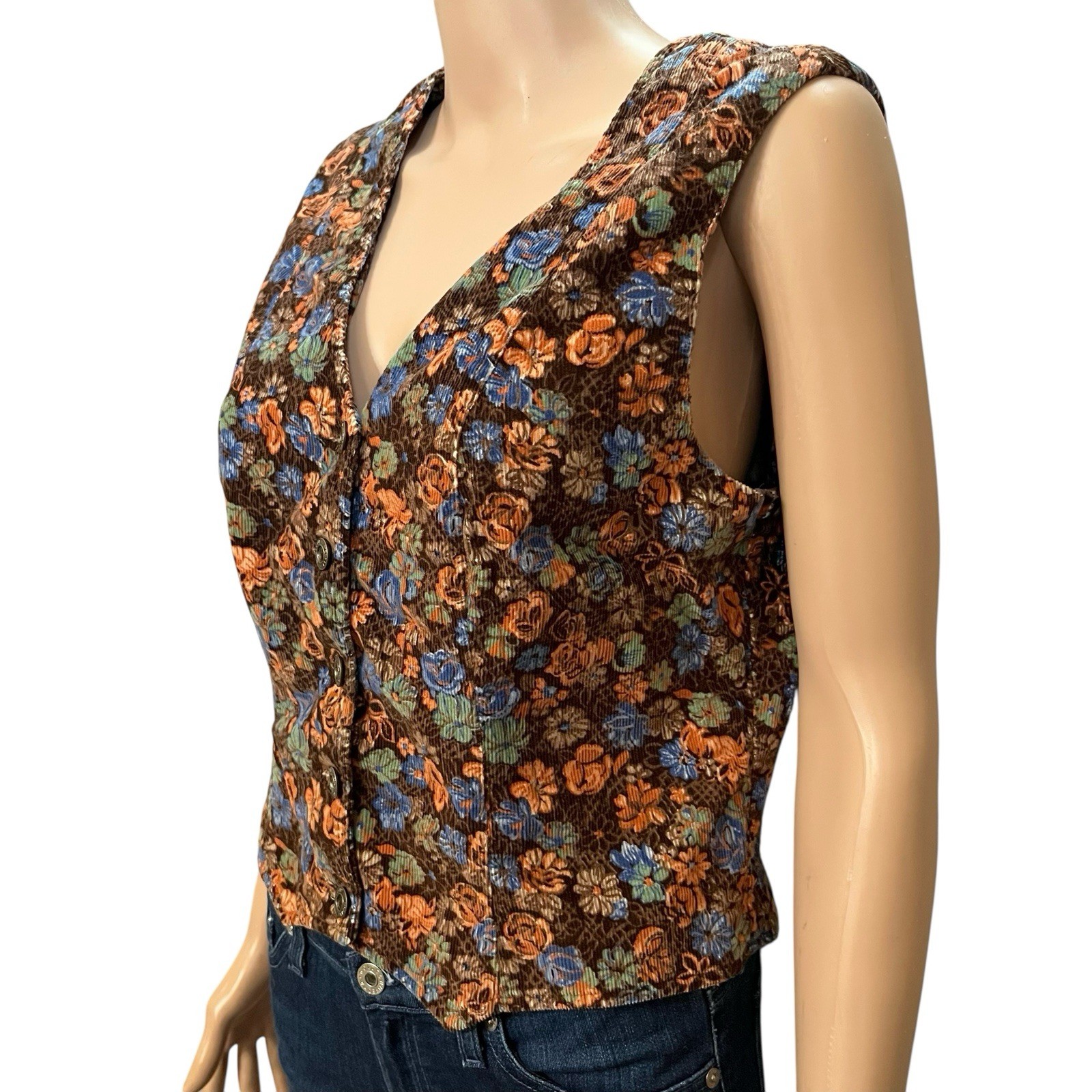 70s VTG Shellys Tall Girls Shop Womens Corduroy Cropped Vest Large Floral Retro