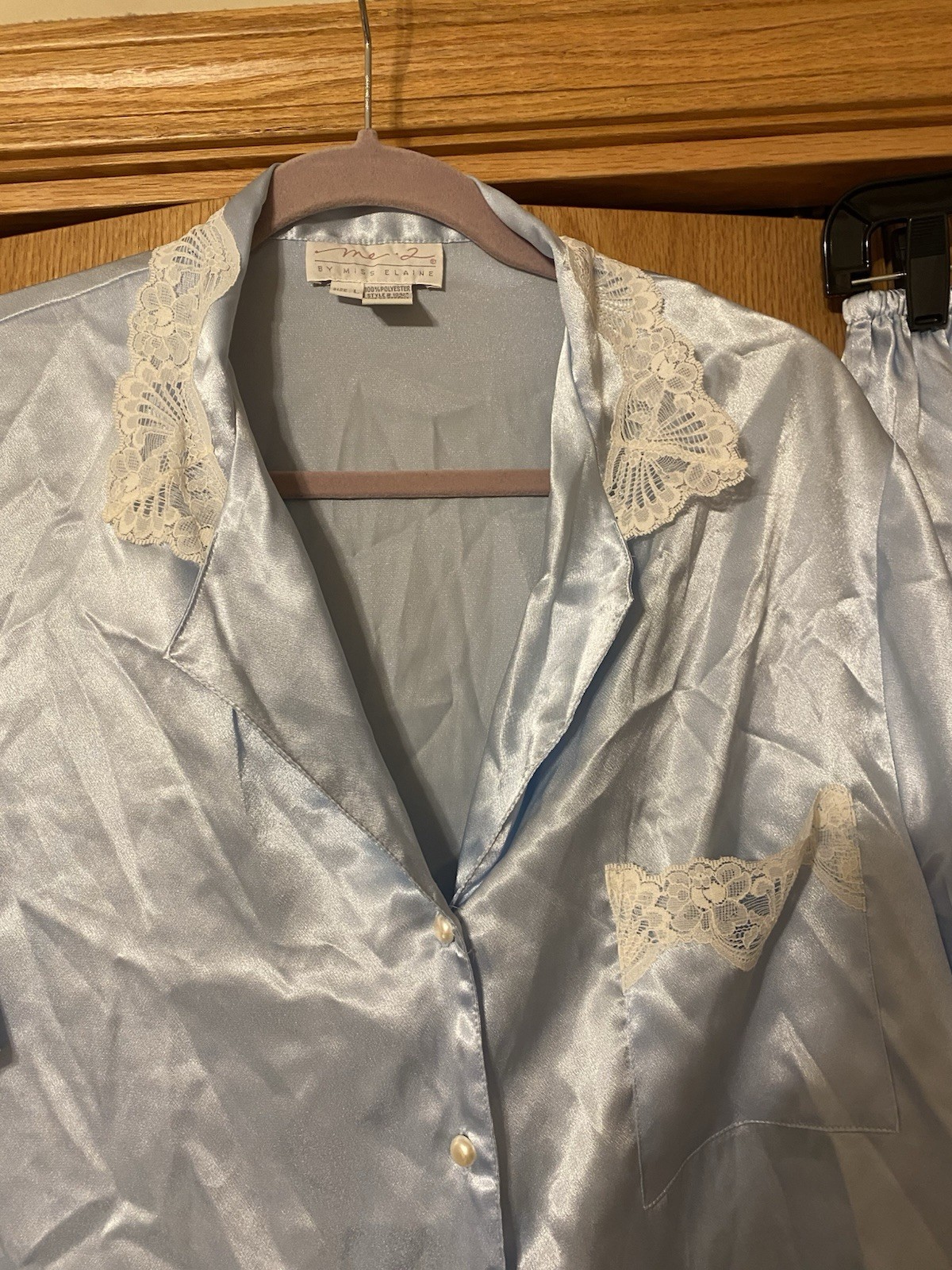 Vintage ME Miss Elaine 2 Piece Short Sleeve Lace Trim Blue Pajamas Large