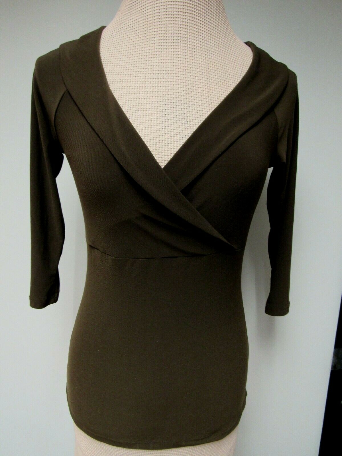 VTG PAPER DOLL Knit Top Surplice V Neck Empire Faux Wrap Chocolate Brown M EUC