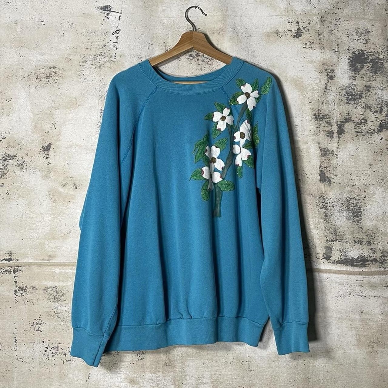 Vintage 90s Graphic Sweater XL Floral Mock Neck Blue Cottage Grandma