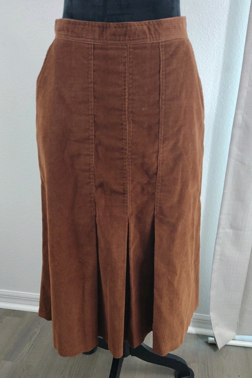 VTG 70s College Town Brown Corduroy Midi Skirt Pleated Dark Academia Boho Large