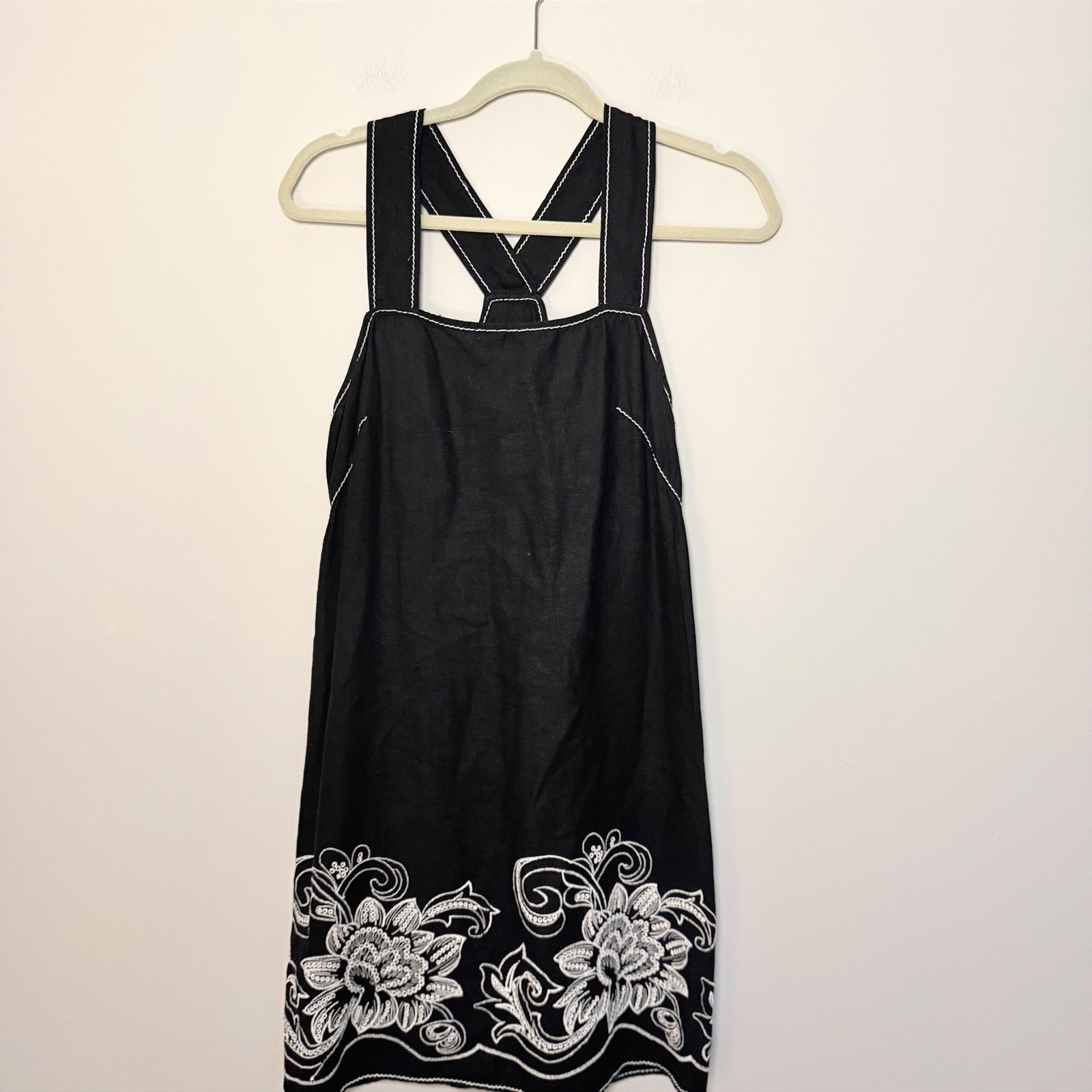 Vintage MAX STUDIO Black Overall Dress Linen Blend Black Floral y2K Size L