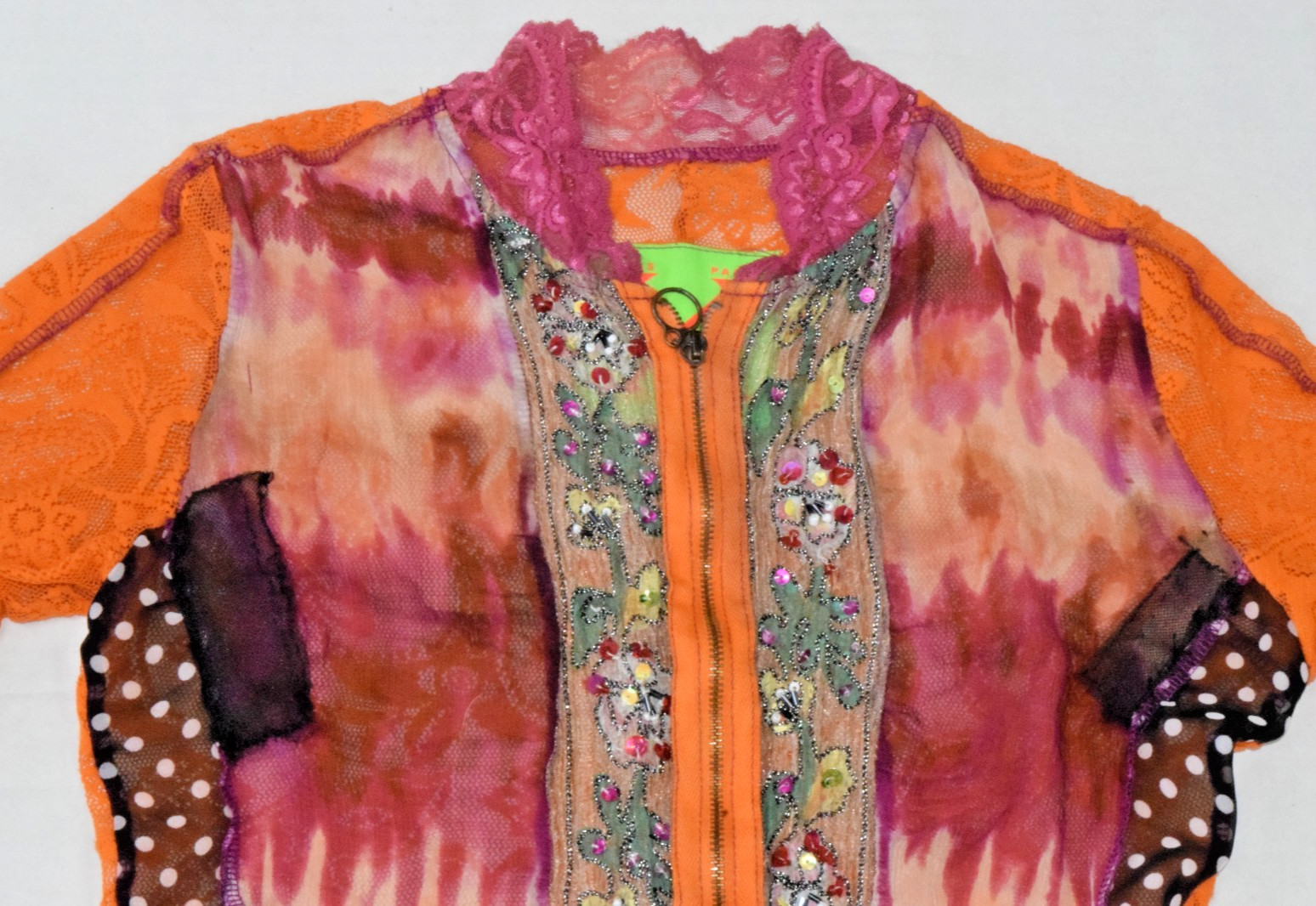 Vintage Top WooXooM Paris Size S Y2K Colorful Sheer Lace Patchwork Zip Front