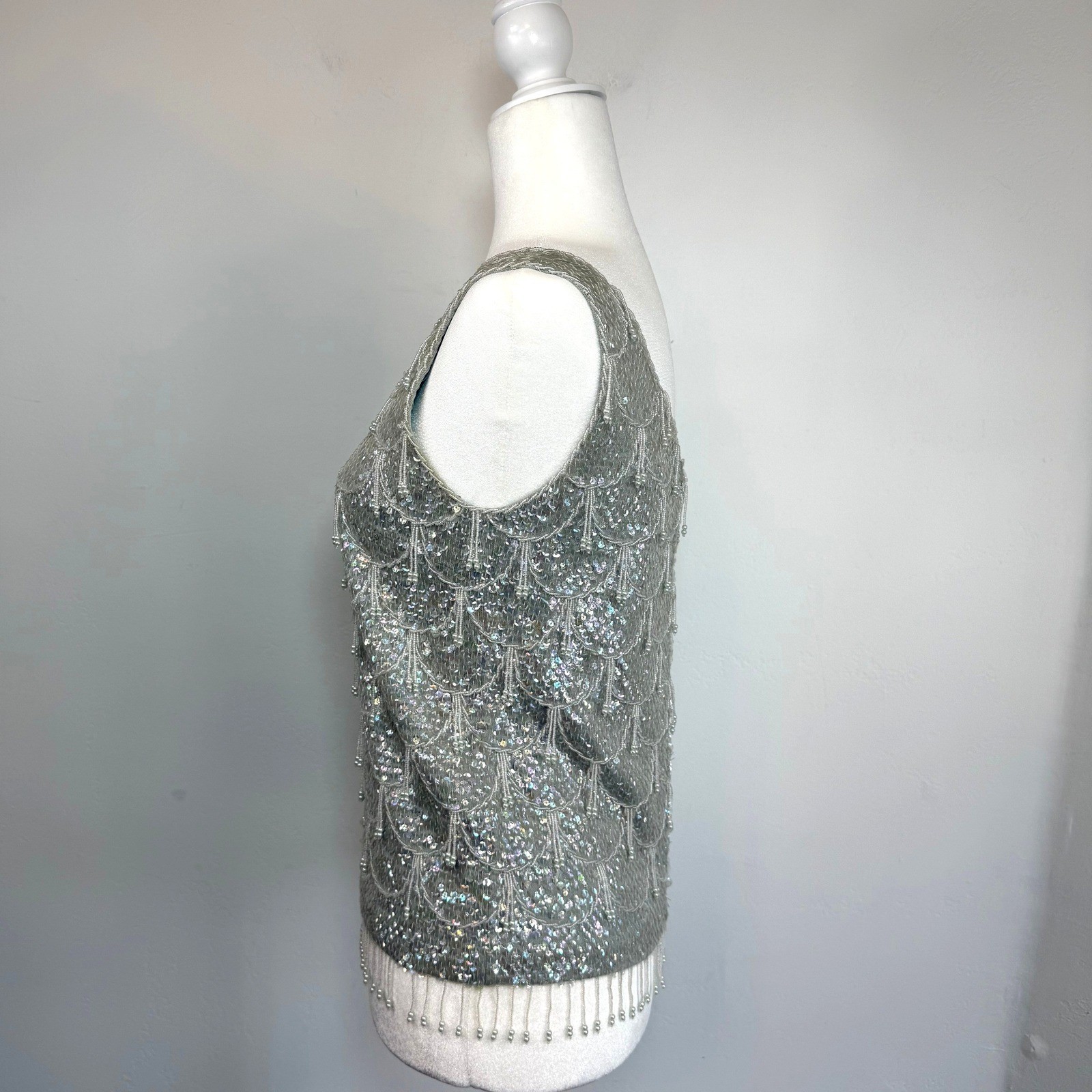 Vintage Beaded Sequin Evening Top Mermaidcore Gatsby Fairy 100% Wool Hong Kong S