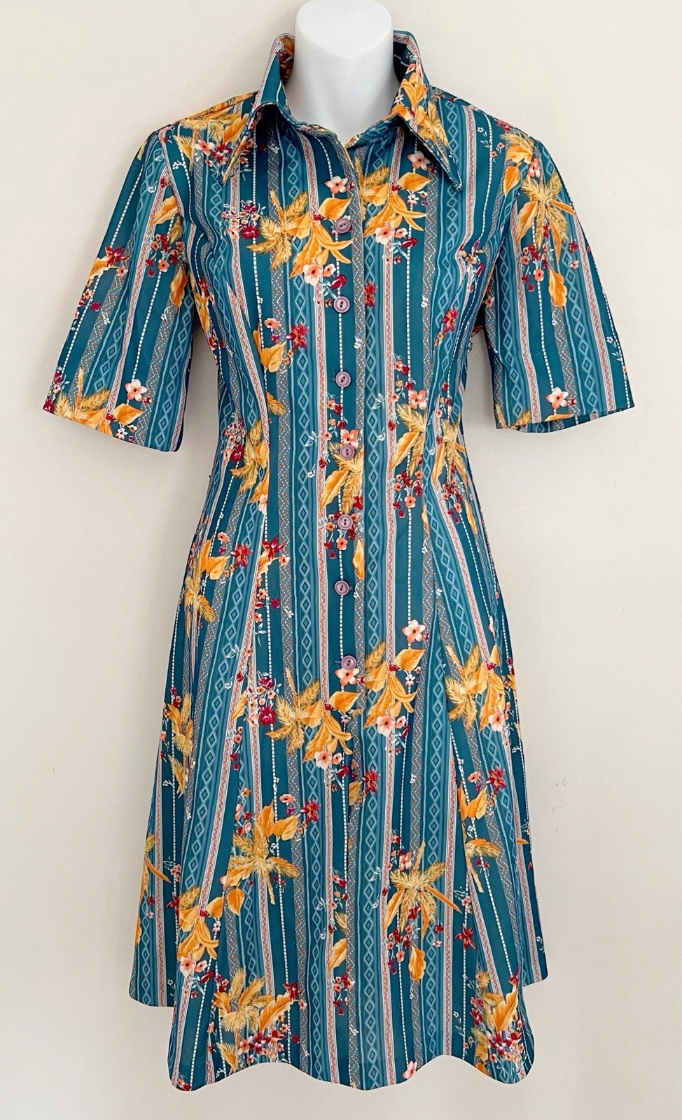 Vtg Dress S/M Polyester Blue Floral Short Sleeve Button Up Collared Boho 70s