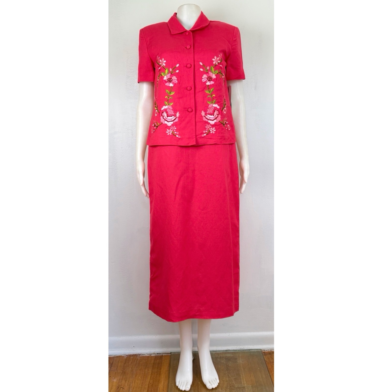 Vintage Floral Embroidered Dress Top Set Size Small 90s Pink Beaded Linen Blend