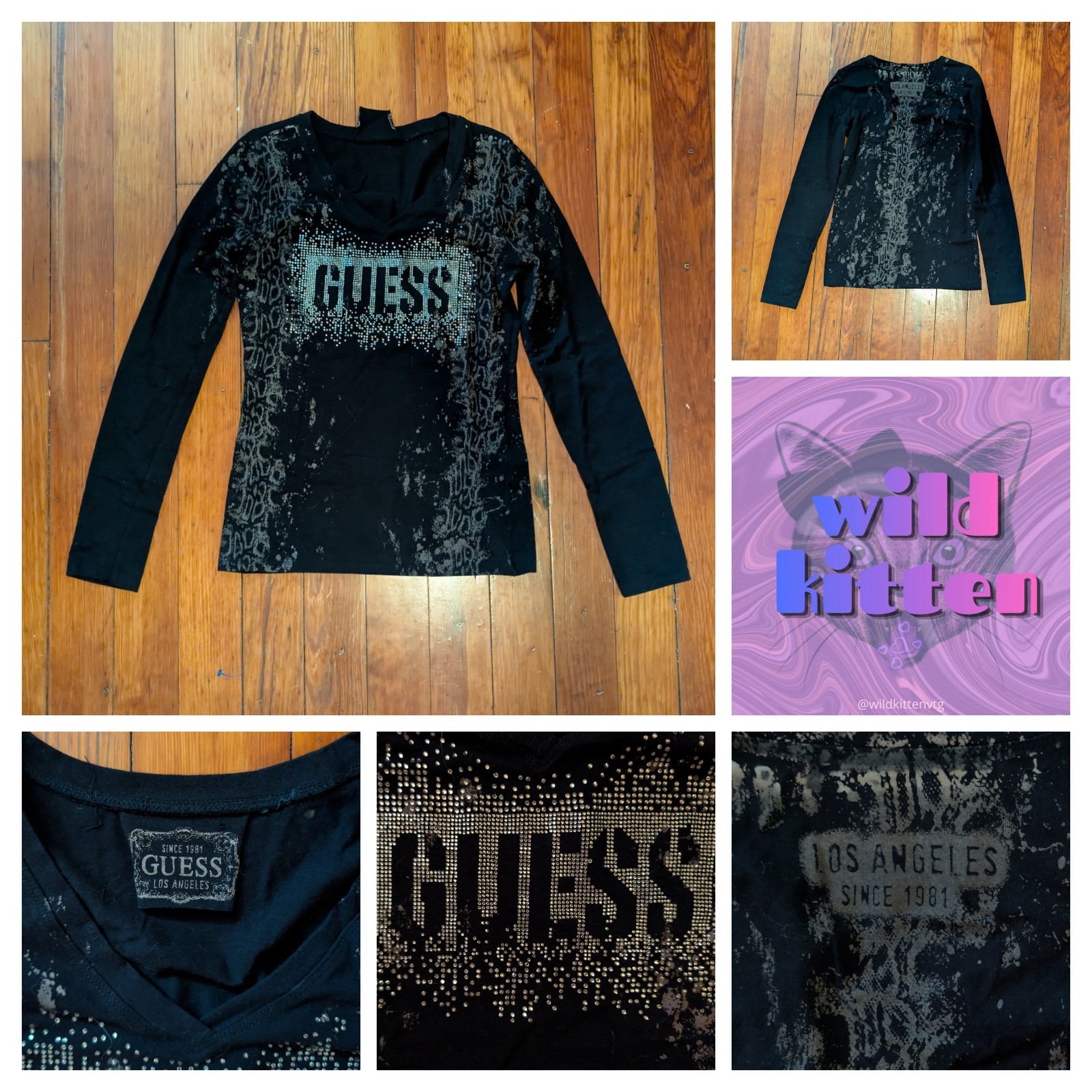 90s-y2k GUESS black rhinestone logo long sleeve crewneck