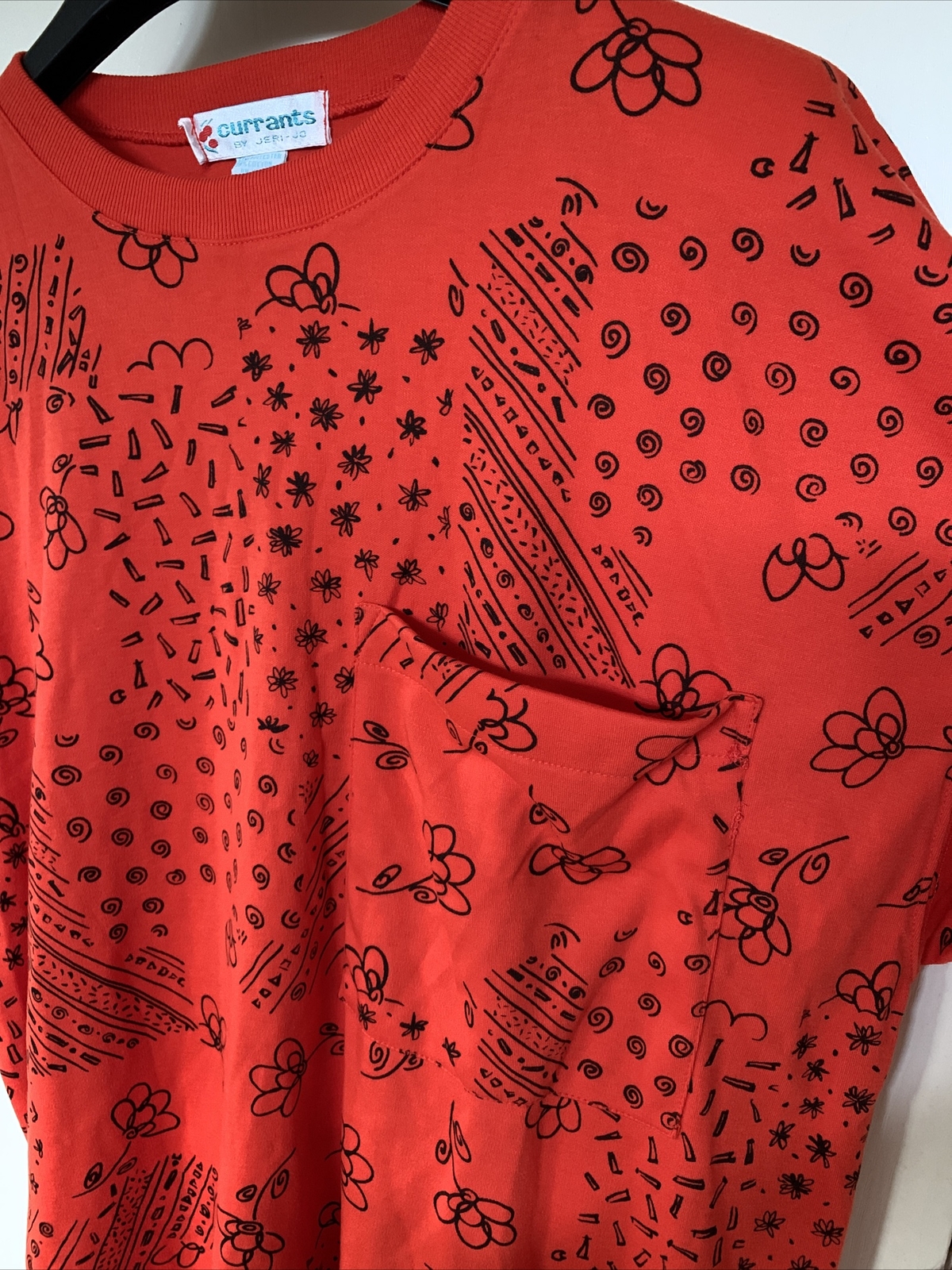 Currants By Jeri-Jo Vintage 1970’s Orange Black Flower Pocket Shirt Women’s Sz L
