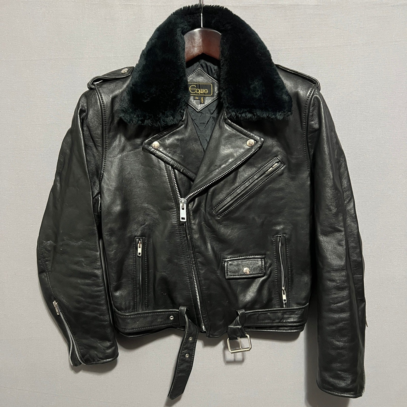 Vintage Equus Black Leather Motorcycle Jacket VTG Fur Collar 1980s Biker Moto 42