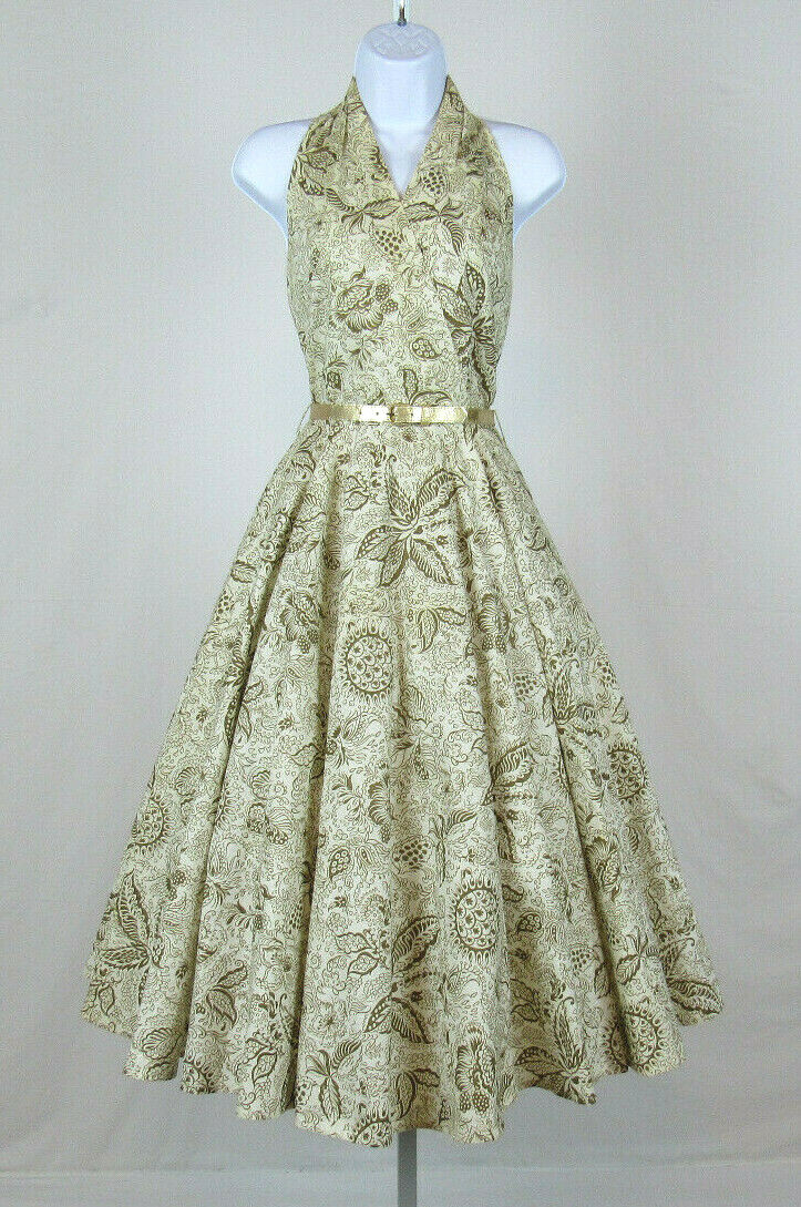 VTG 1950s 60s ADELE CALIFORNIA PAPER DRESS FLORAL PAISLEY DESIGNS GOLDEN BELT