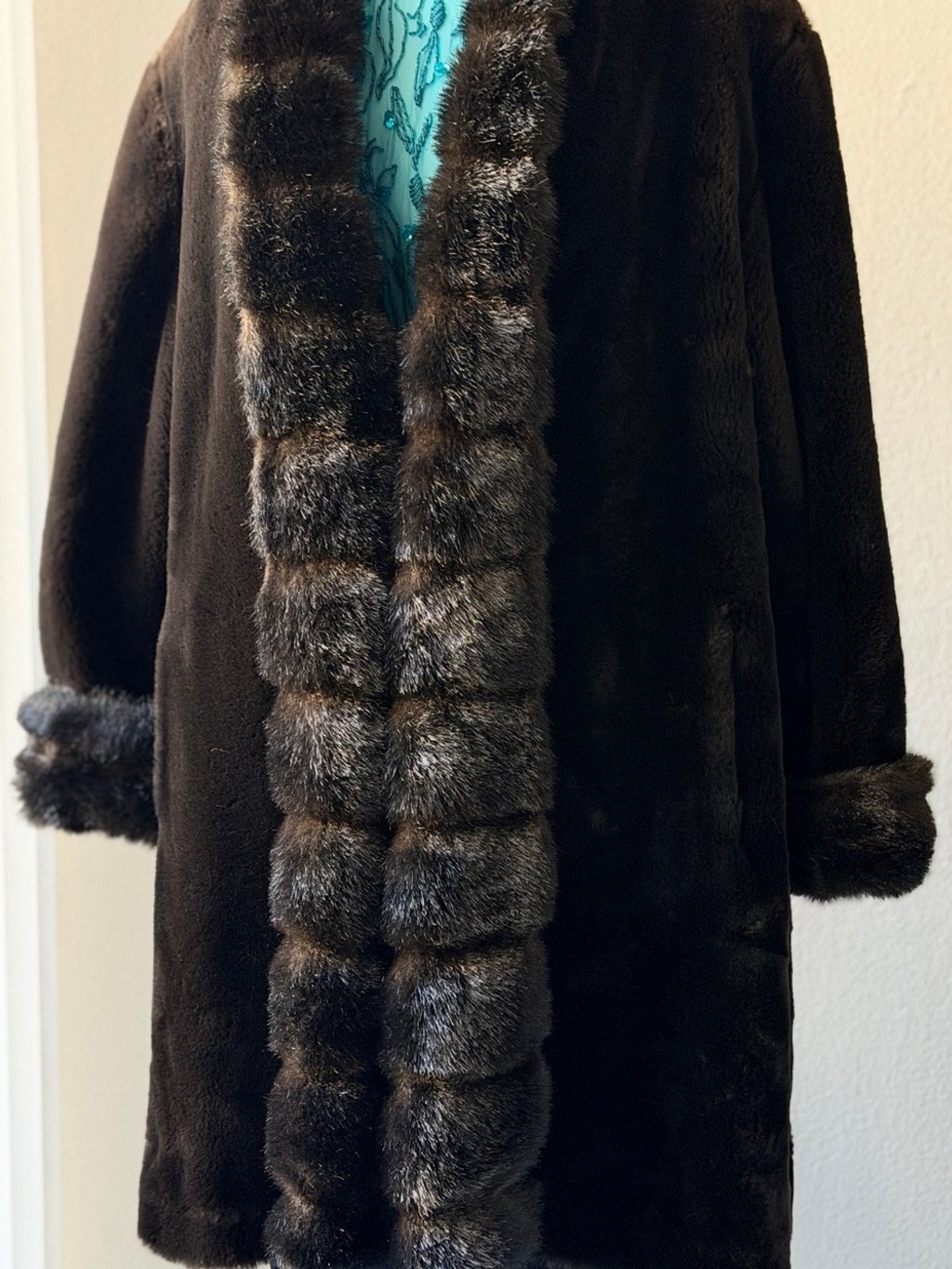 Vintage Marvin Richards Luxurious Dark Brown Faux Fur Coat with Plush Trim