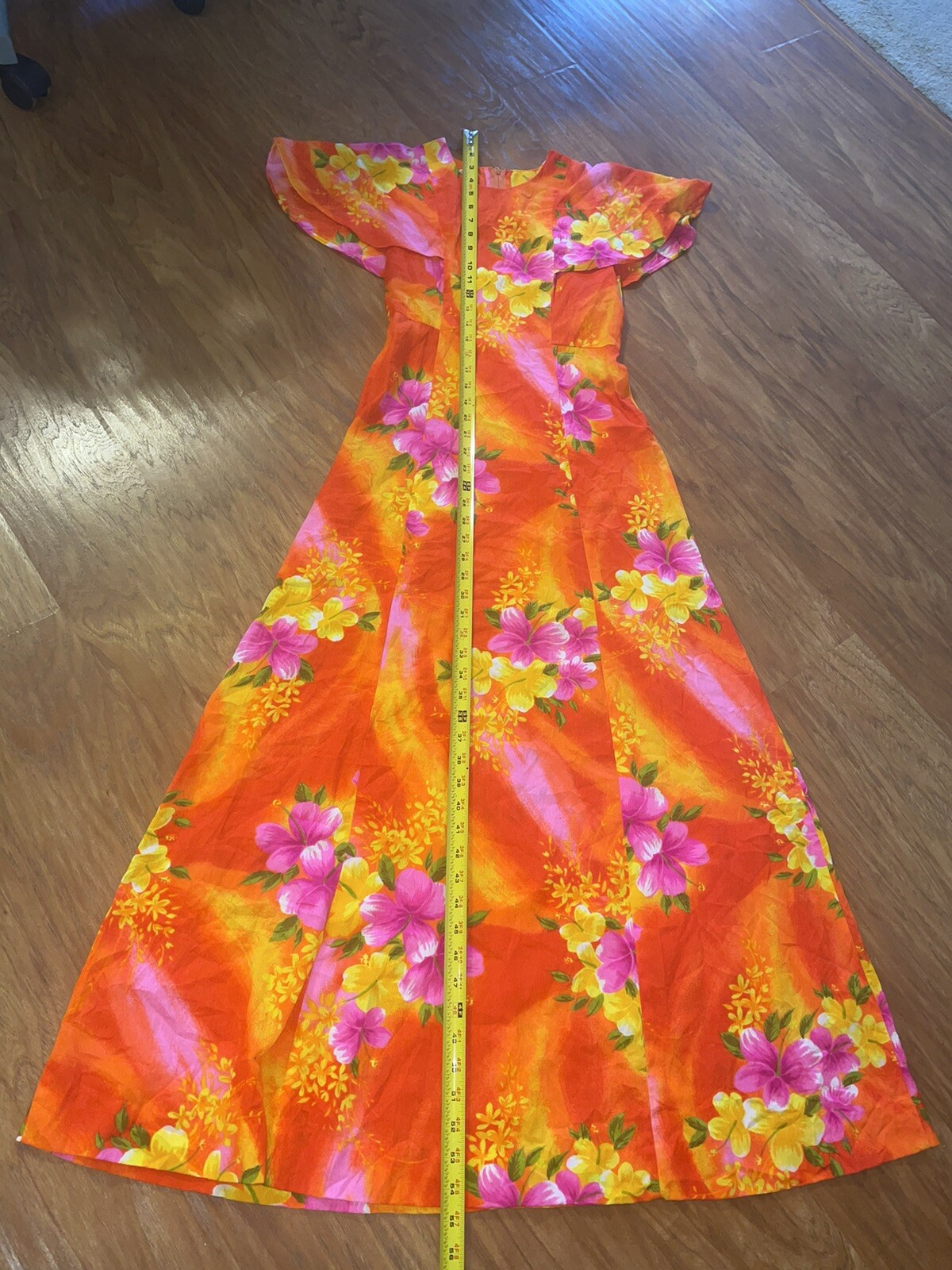 Vintage Hukilau Muu Muu Dress Hawaiian BRIGHT Pink Orange FUN Sz 8 Luau Tropical