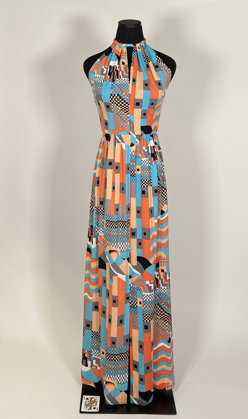 033 1970s Halter dress set, jacket, orange op-art Pat Sandler size XS VG!