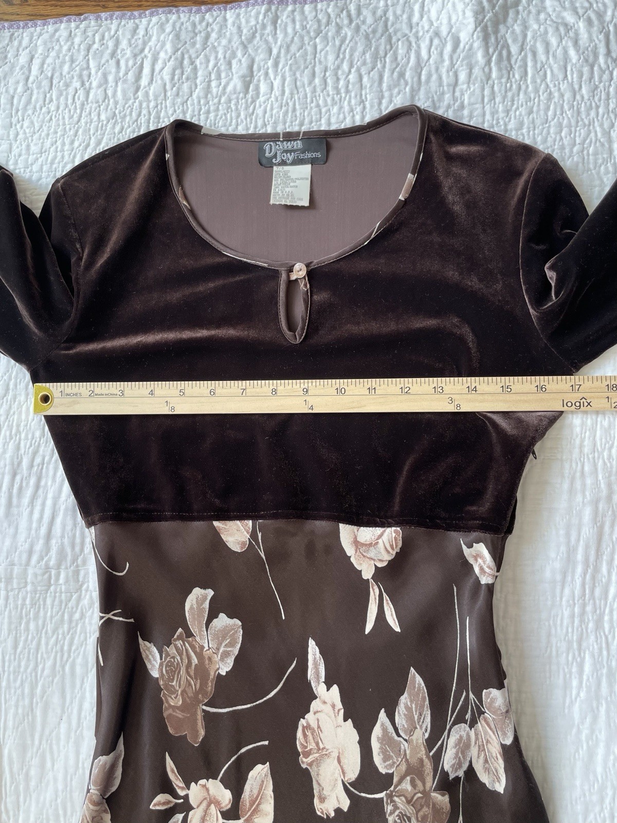 Vintage S M Dress Maxi Velour Satin Rose Floral print 90s Brown VGUC