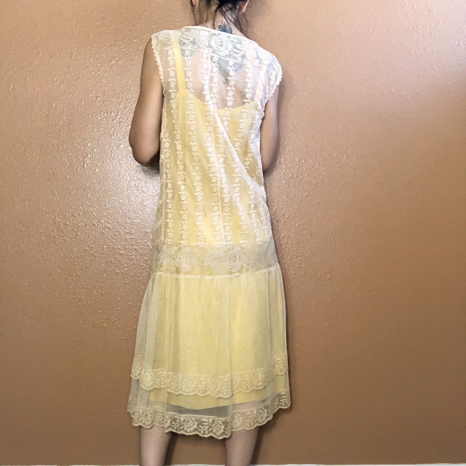 Vintage 1920s Sheer Mesh Net Crochet Drop Waist Dress + Silk Slip Coquette