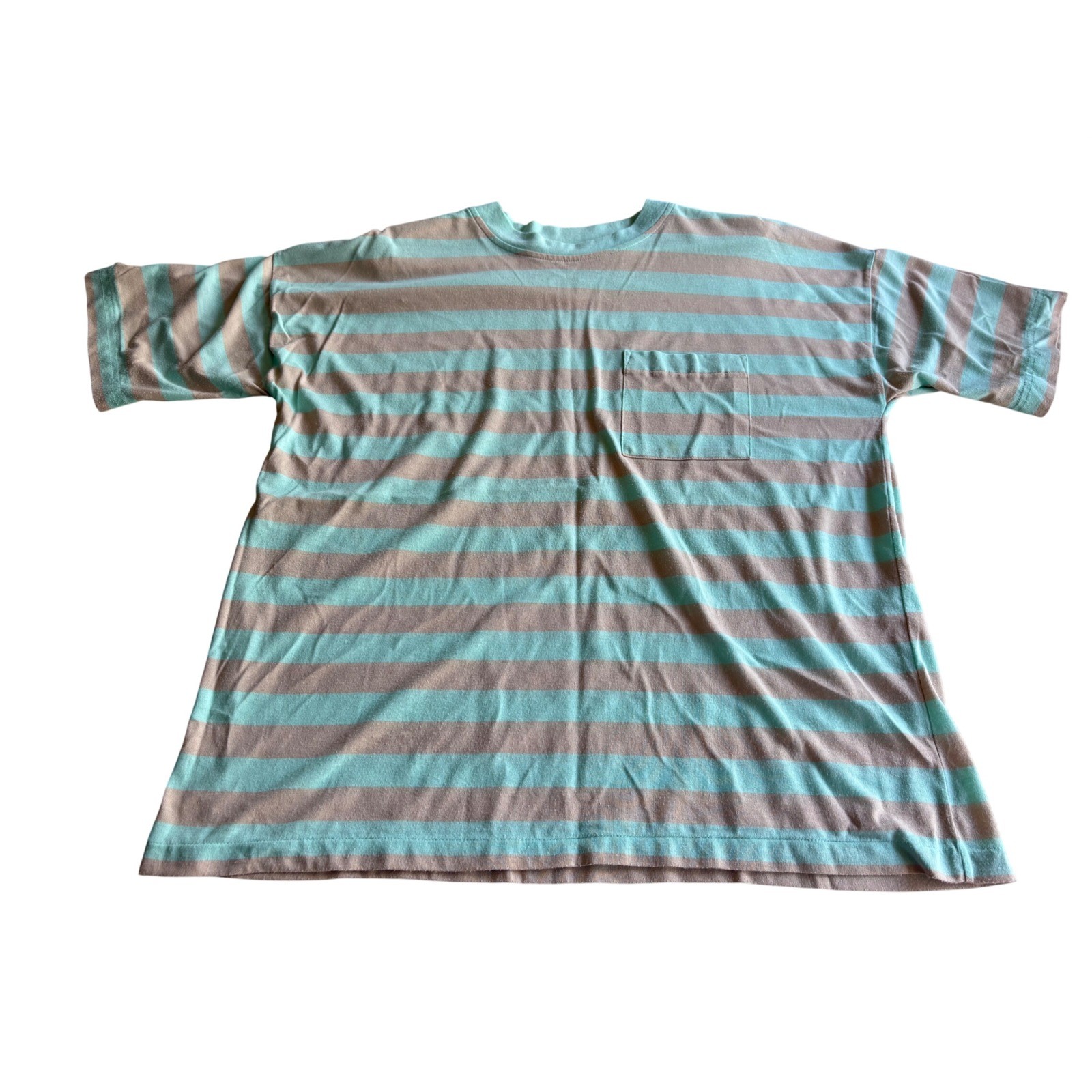 Vintage Striped Pocket T-Shirt Mint Green Tan Pastel Women’s Large Boxy