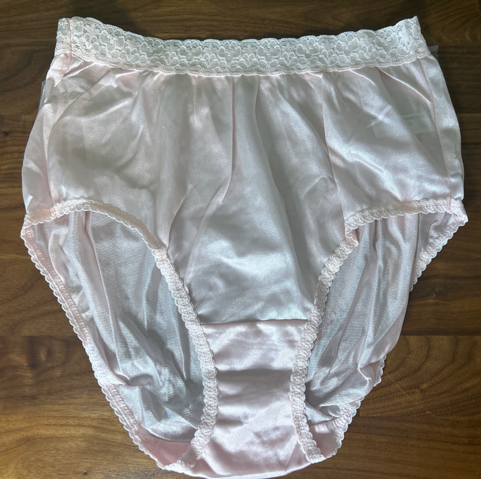 Vtg Fruit Of The Loom Panties Sz 6 Pink Silky Nylon Lace Hi Cut Side Tag NOS