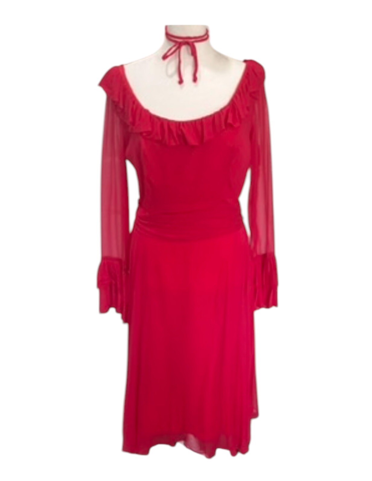 VTG Pink Silk Chiffon Midi Dress 8 Sheer Ruffle Scoop Neck 60’s Feminine Retro