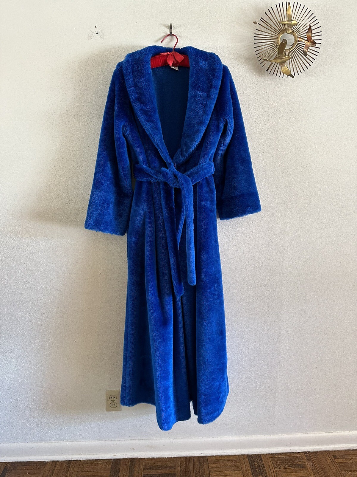 1970s Montgomery Ward Electric Blue Shag Robe Plush Faux Fur Belted Medium VTG