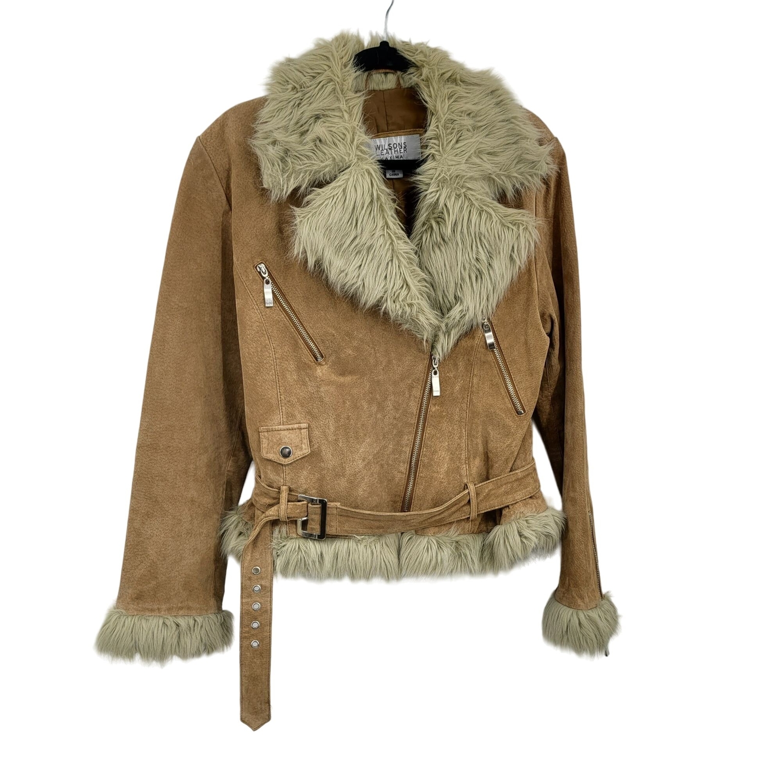 Vintage 80’s Wilson’s Leather Jacket Tan L Belted Faux Fur Trim Snow Bunny
