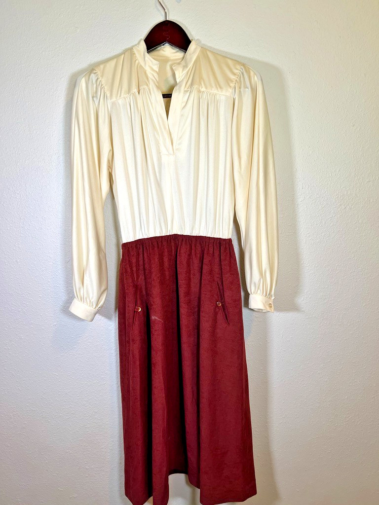 Vintage David Warren Dress Western Prairie Frontier Burgundy Cream 70s Theater