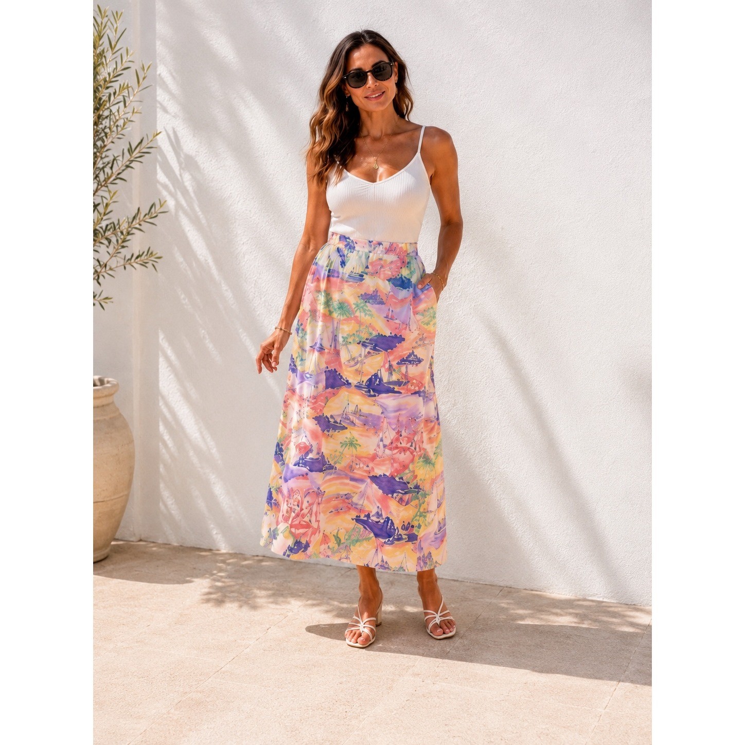 Vintage Bushwacker Scenic Harbor Sailboat Palm Tree Midi Skirt Women’s 12 Lined