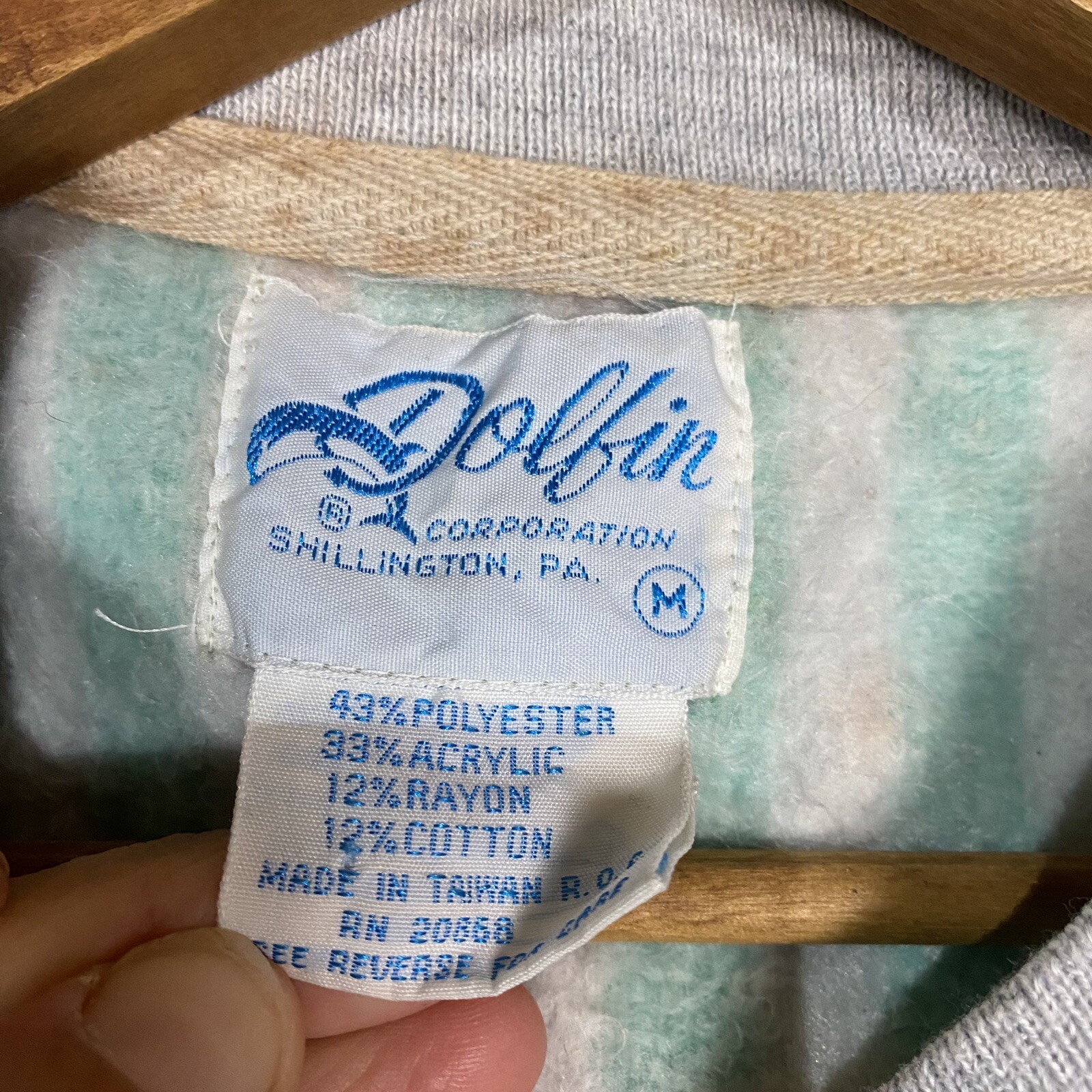 Vintage 80s dolfin corp blue green aqua gray striped crewneck sweatshirt med