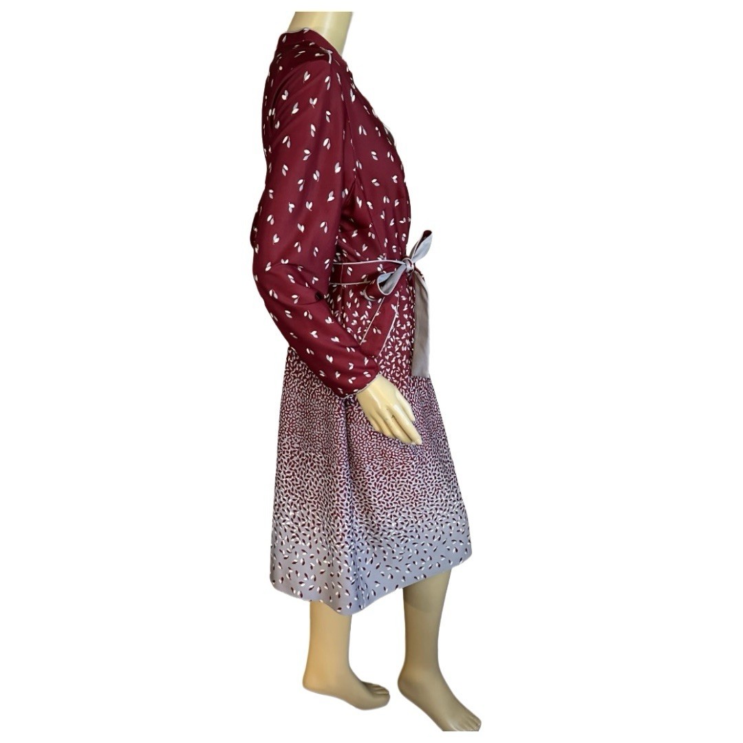 VINTAGE 1980’S LORAC BURGUNDY & GRAY LEAF PRINT SHIRT DRESS SIZE XL
