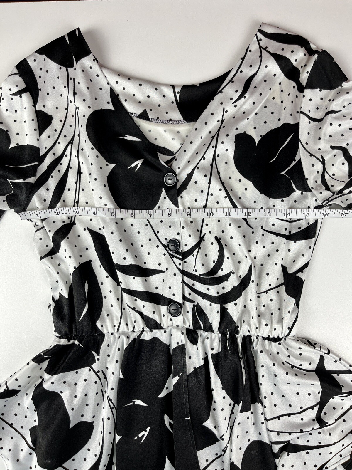 Floral Peplum Dress Size 12 80’s Era KR of NY 3/4 Sleeve Black and White Vintage