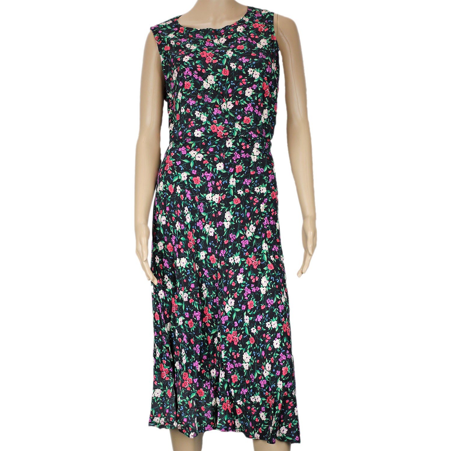 1990s Y2K Vintage Dress Black Floral Rayon Long Sleeveless Cottagecore Grunge 14
