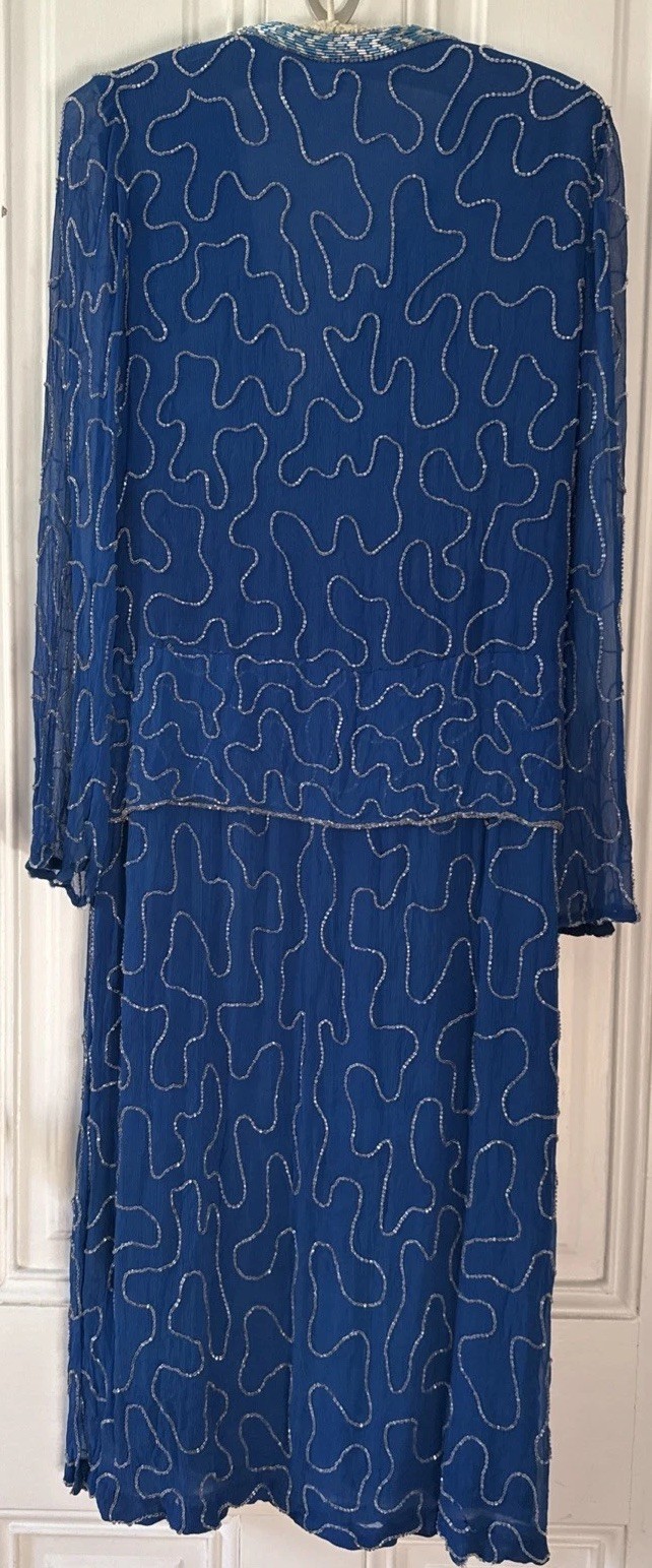 Vintage 80s Glam Cassis- Blue & Silver Hand Beaded Silk Midi Dress – Size M
