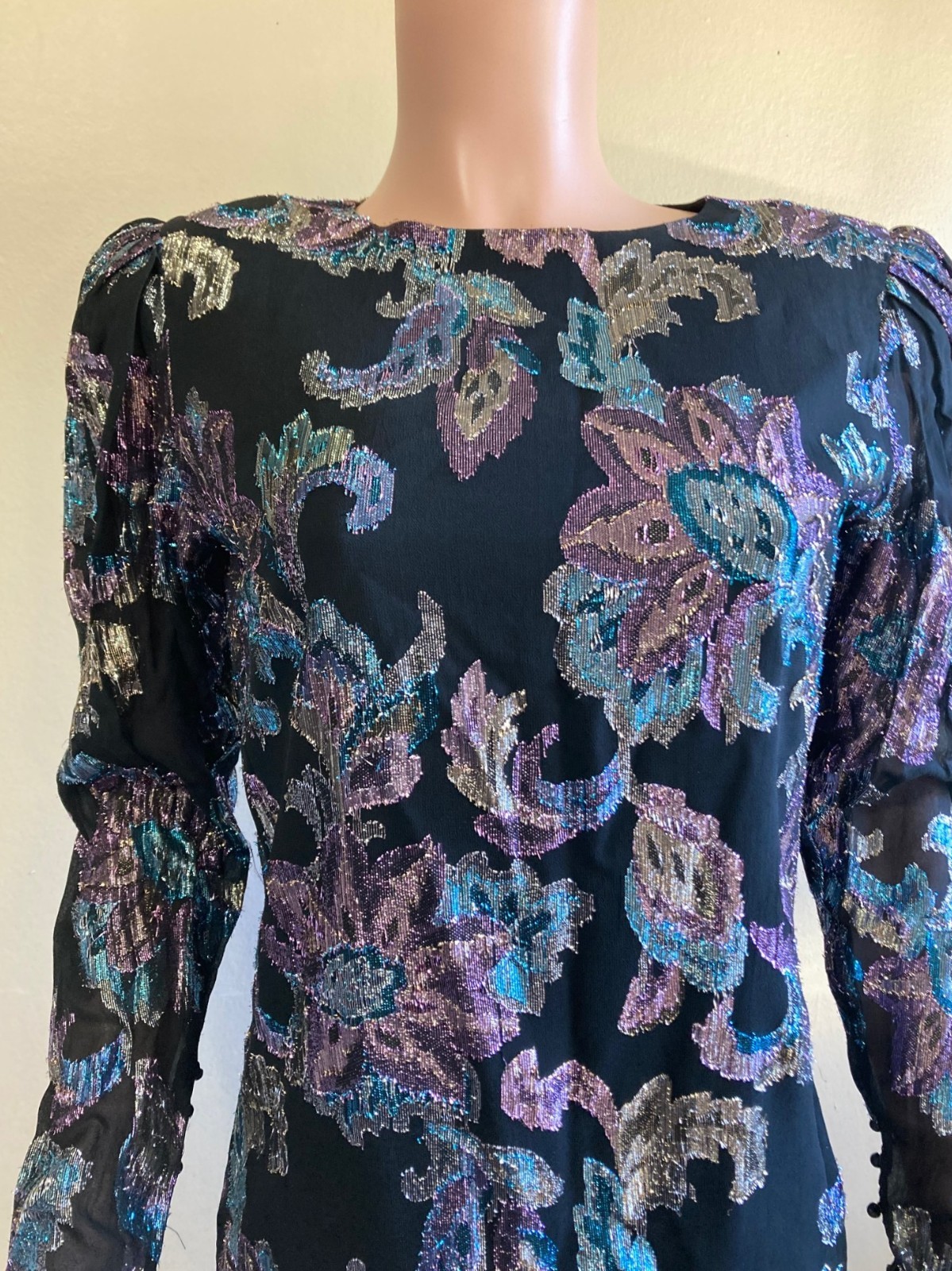 Vintage 80s Retro Flapper Midi Dress M Ursula Switzerland Iridescent Lurex Black