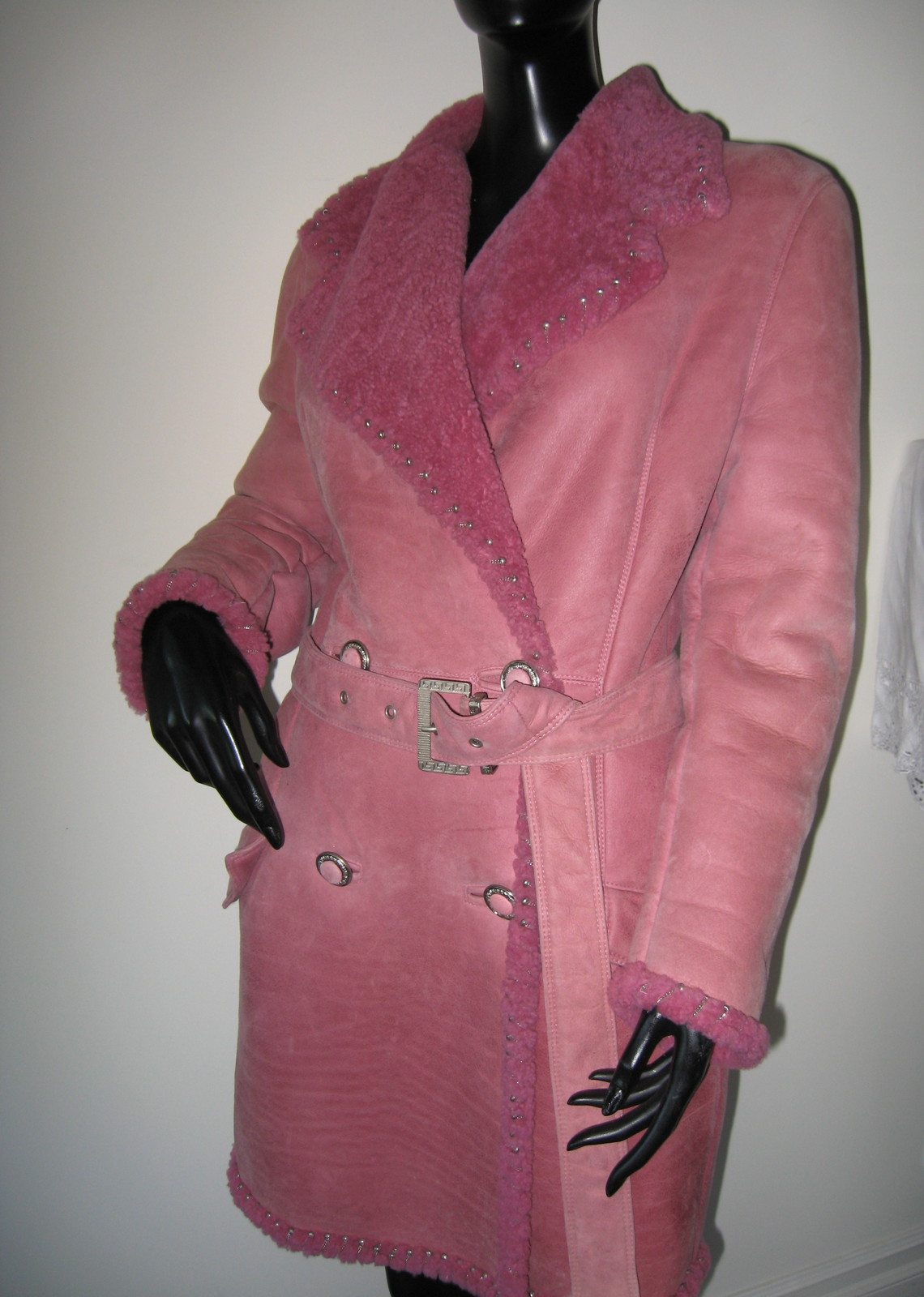 VINTAGE 80’S GIANNI VERSACE COUTURE PINK SUEDE SHEARLING TRENCH COAT 42 (6-8)