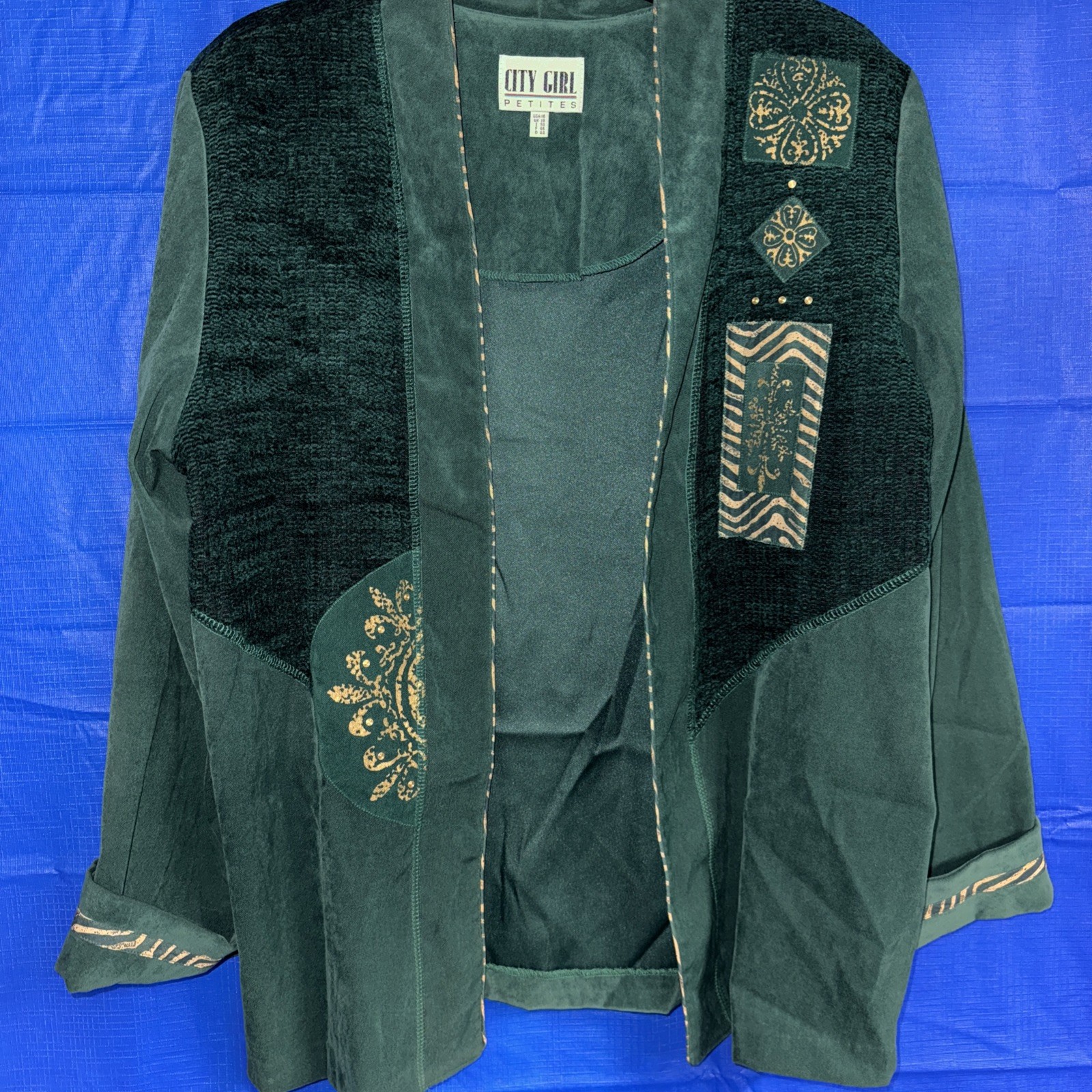 Vintage City Girl Petites Embellished Green & Gold Suit Jacket Women’s 16 #207