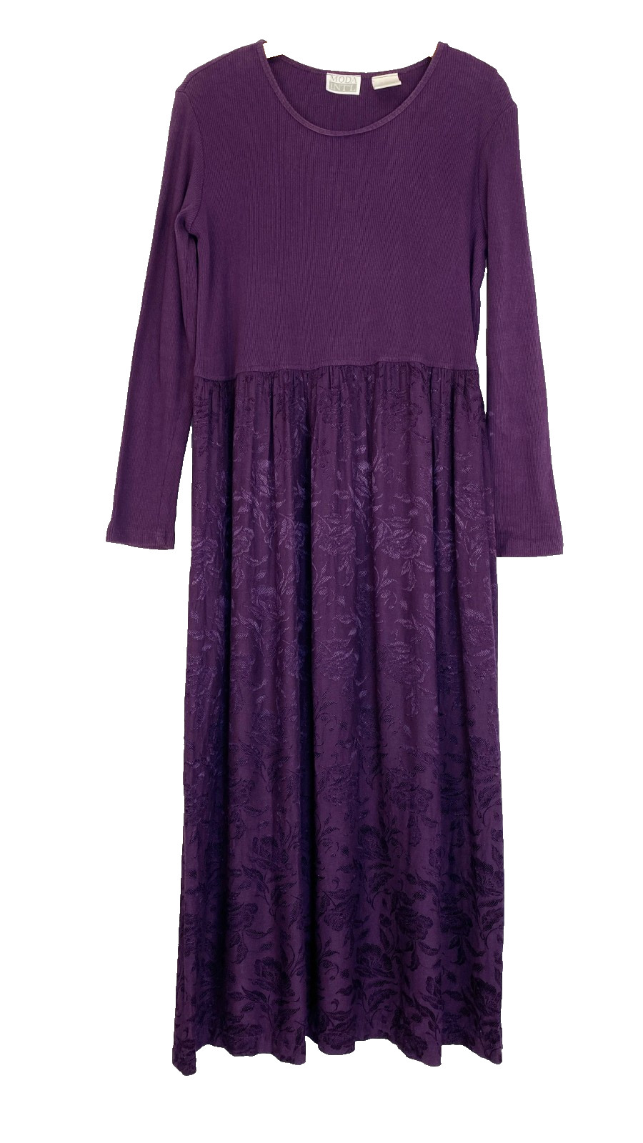 Vintage 1990s purple midi dress L MODA INTERNATIONAL long sleeve floral maxi