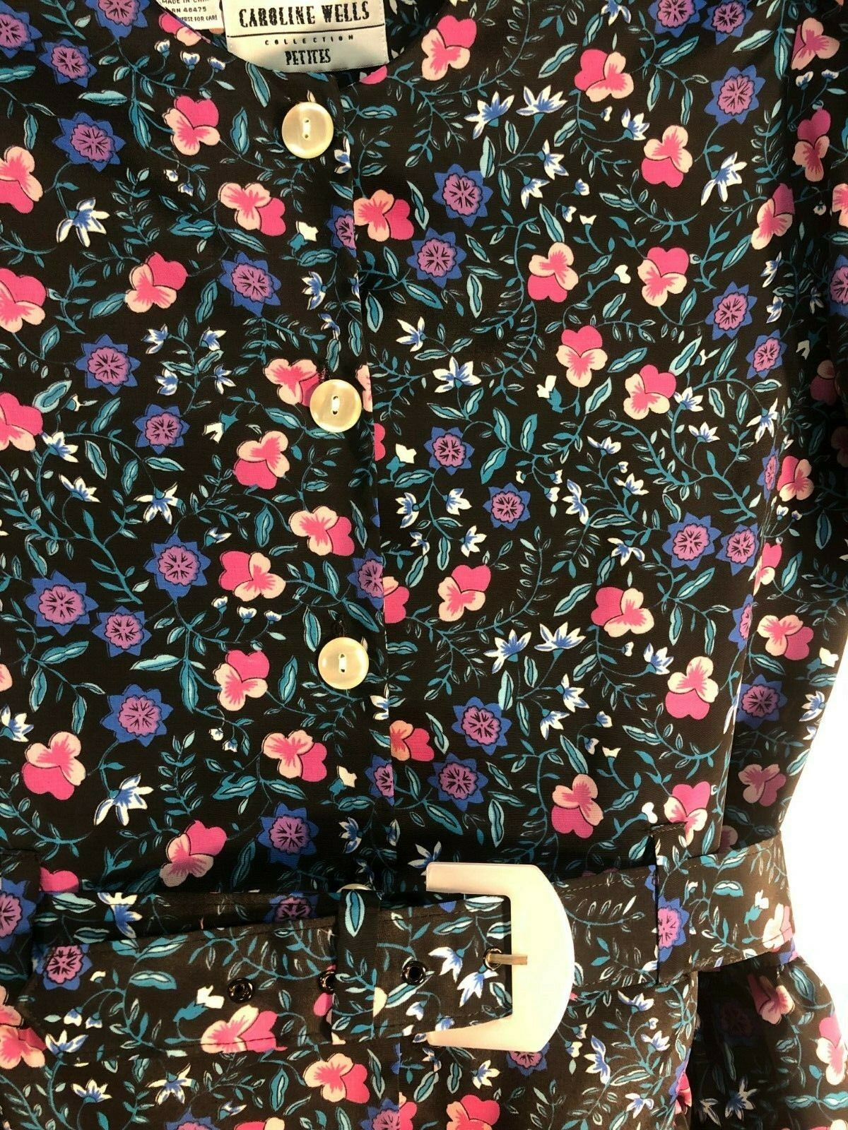 EUC 1980s vtg Caroline Wells Collection poly floral belted peplum dress, sz 10P