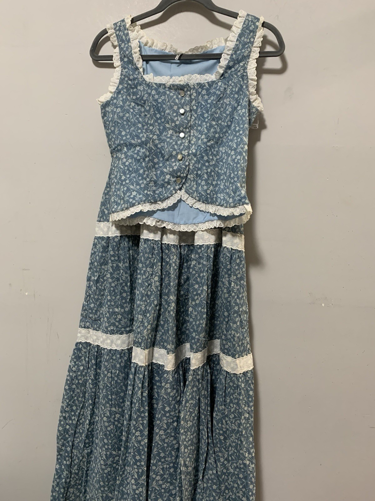 Handmade 1970s Women XS Blue Prairie 2 Piece Set Lace Trim Bohemian Vintage