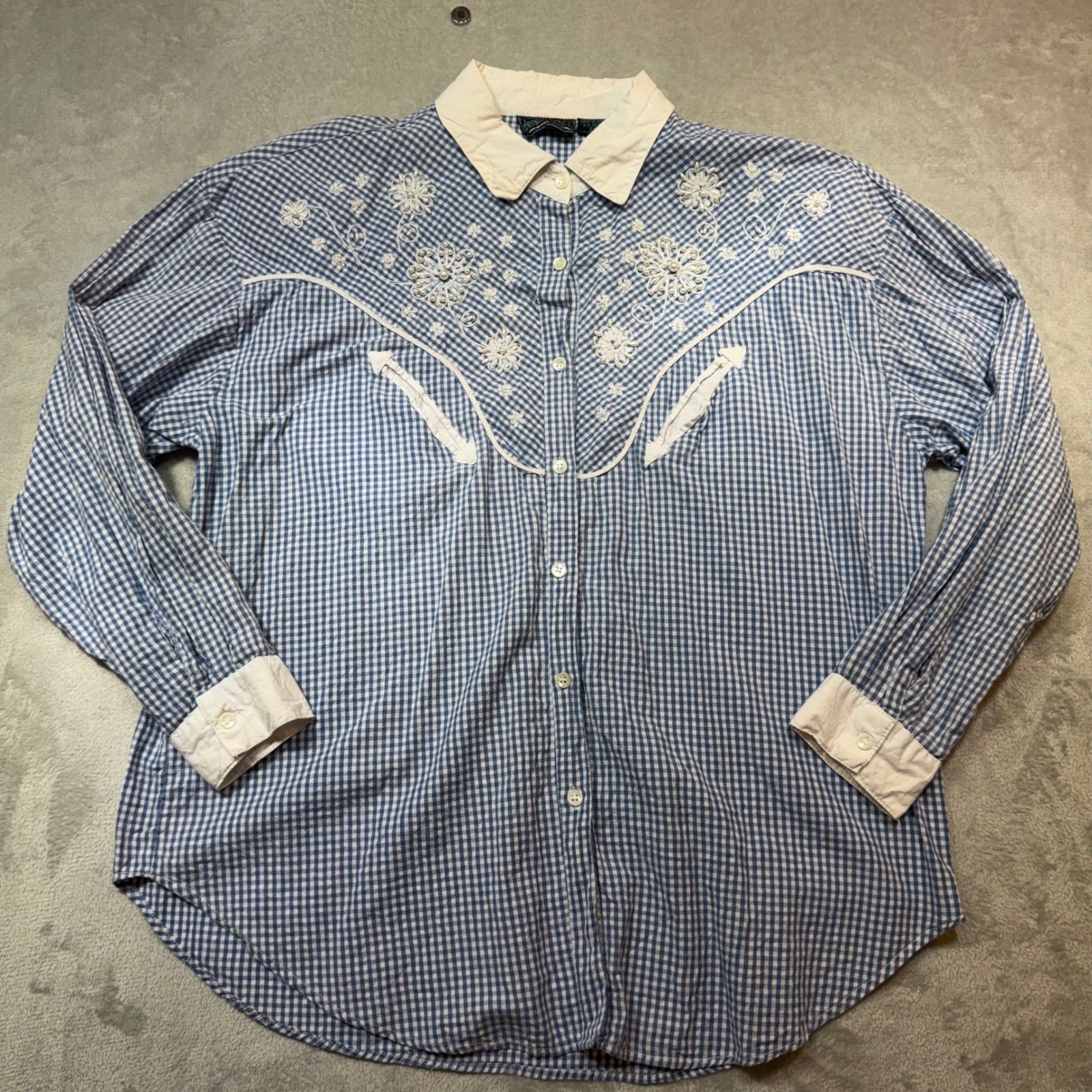 Vintage Western Gingham Embroidered Pearl Button Down Shirt Blue White XL 2XL