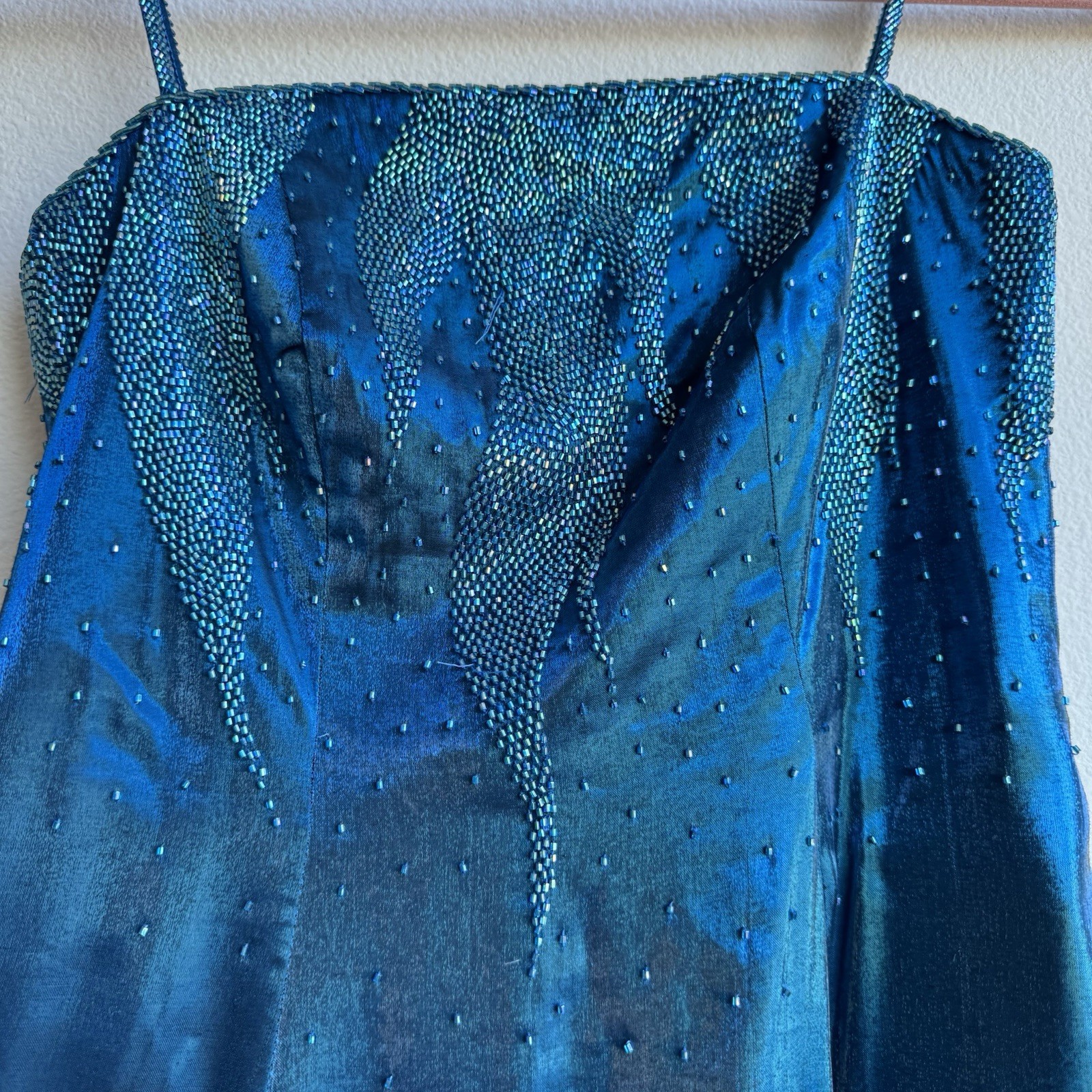 Vintage Turquoise Blue Beaded Iridescent Maxi Cocktail Formal Party Dress S / M