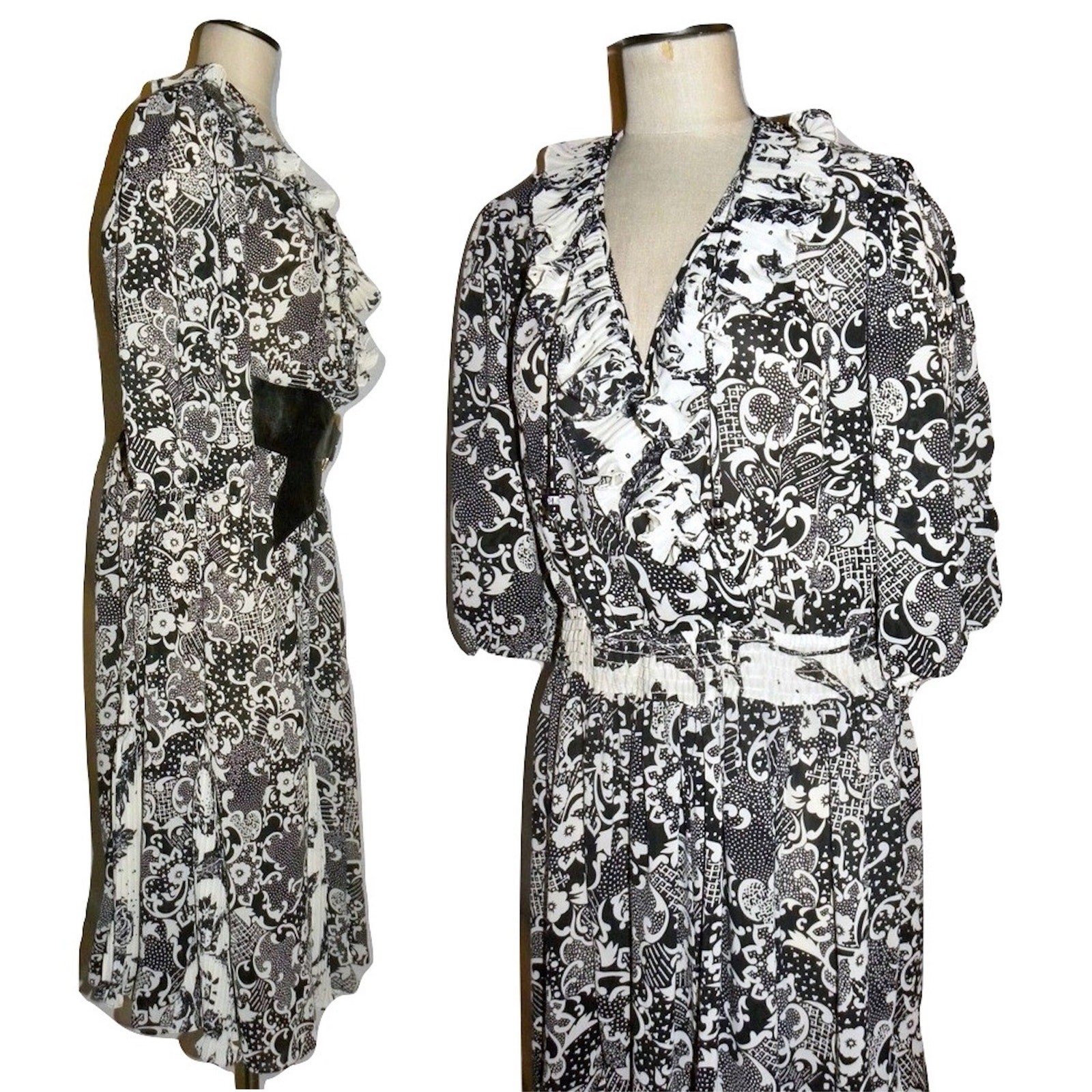 Vintage Susan Freis Black White Graphic Georgette Dress | M/L