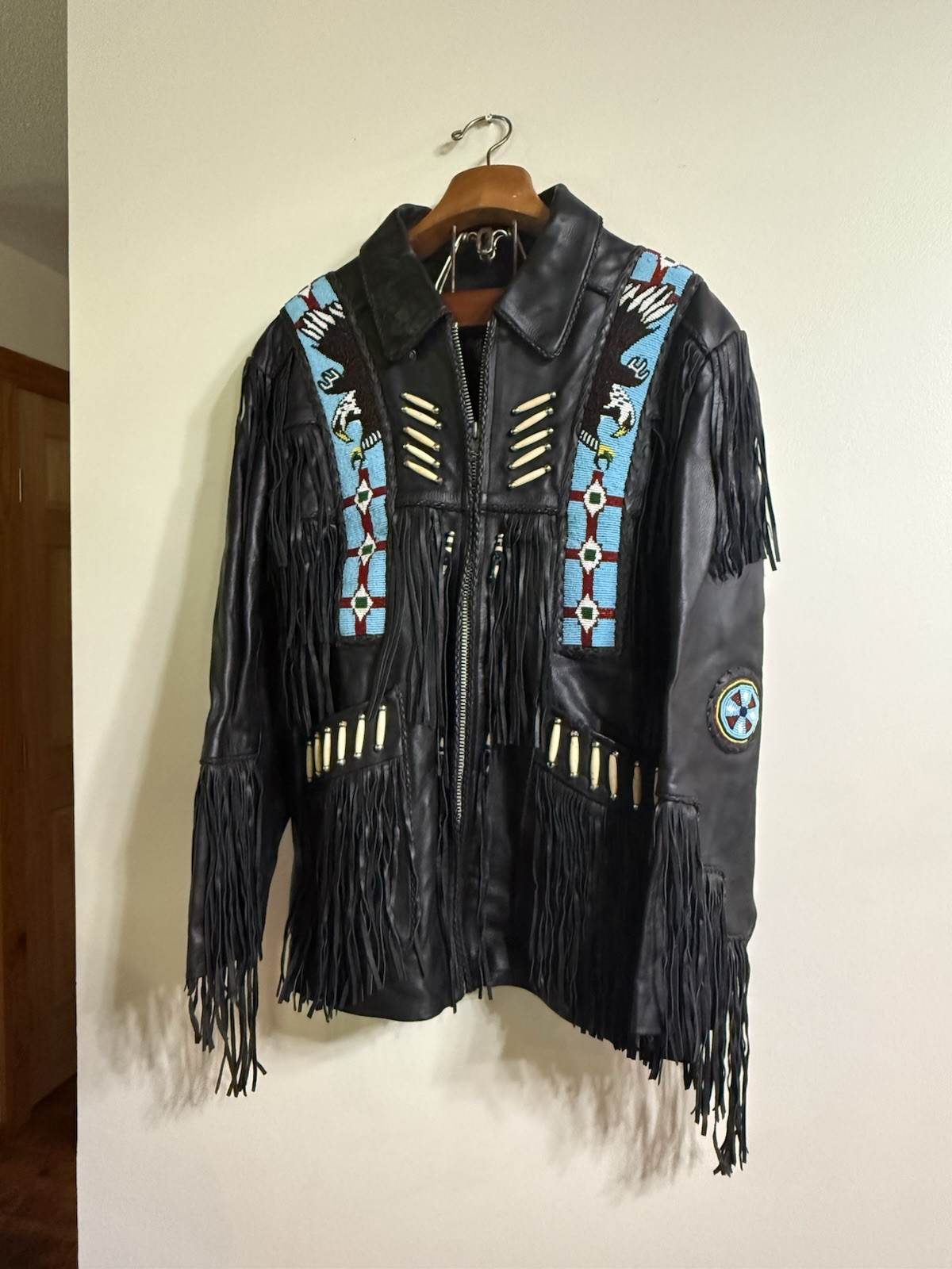 Vtg Western Black Leather Fringe Jacket Beaded Native Ren Ellis Style XL