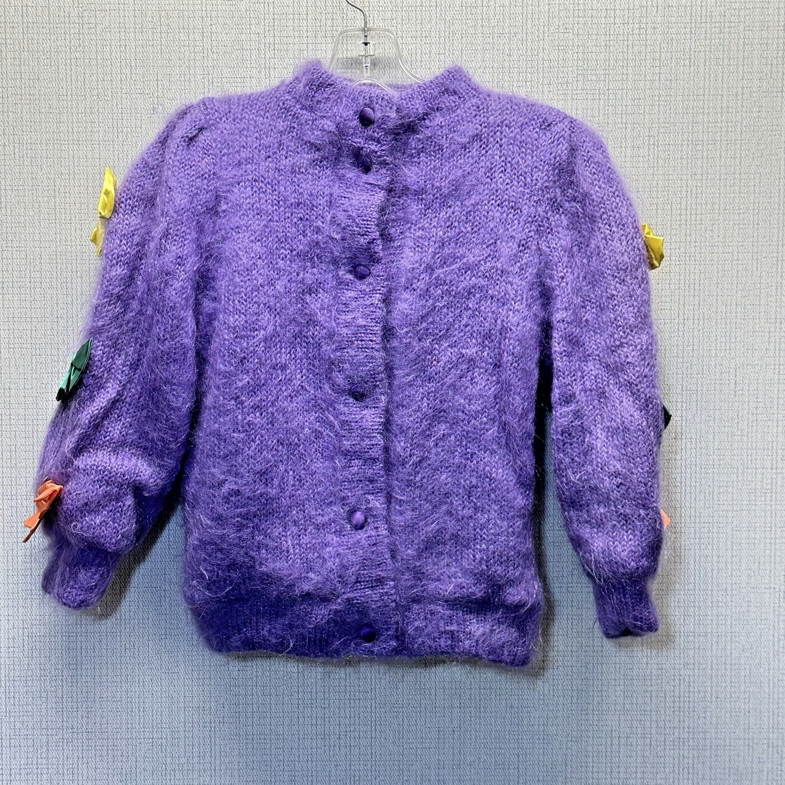 Please Mum London Mohair Cardigan Womens M Purple Bow Accent Vintage Whimsical