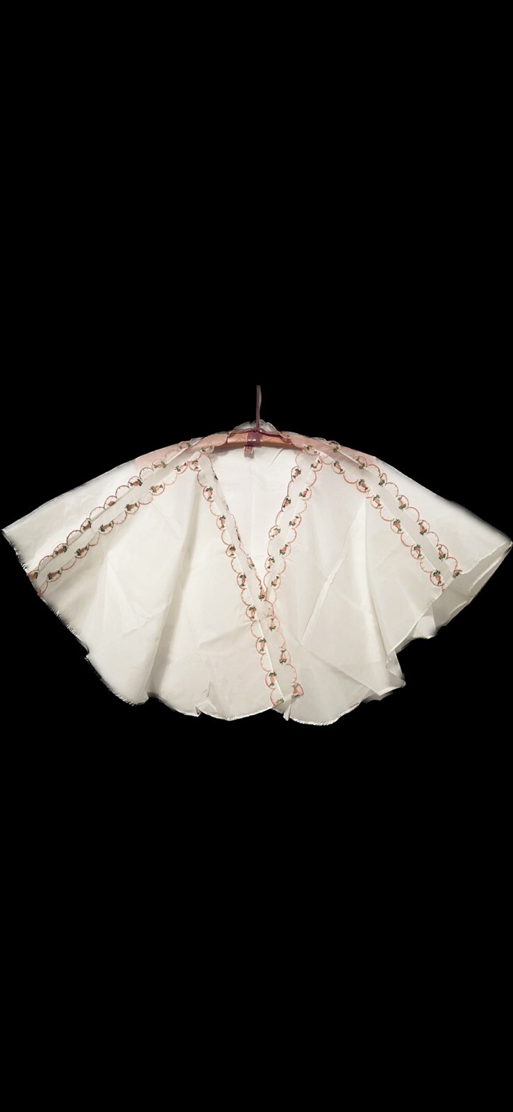 Vintage Kleinert’s White Crepe Bed Cape Pink Floral Embroidery Scalloped Edges