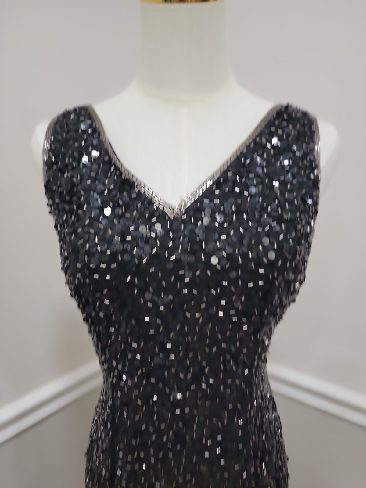 VTG 90s Black Sequin Column Gown Sleeveless Silk Evening Formal Prom Dress Med