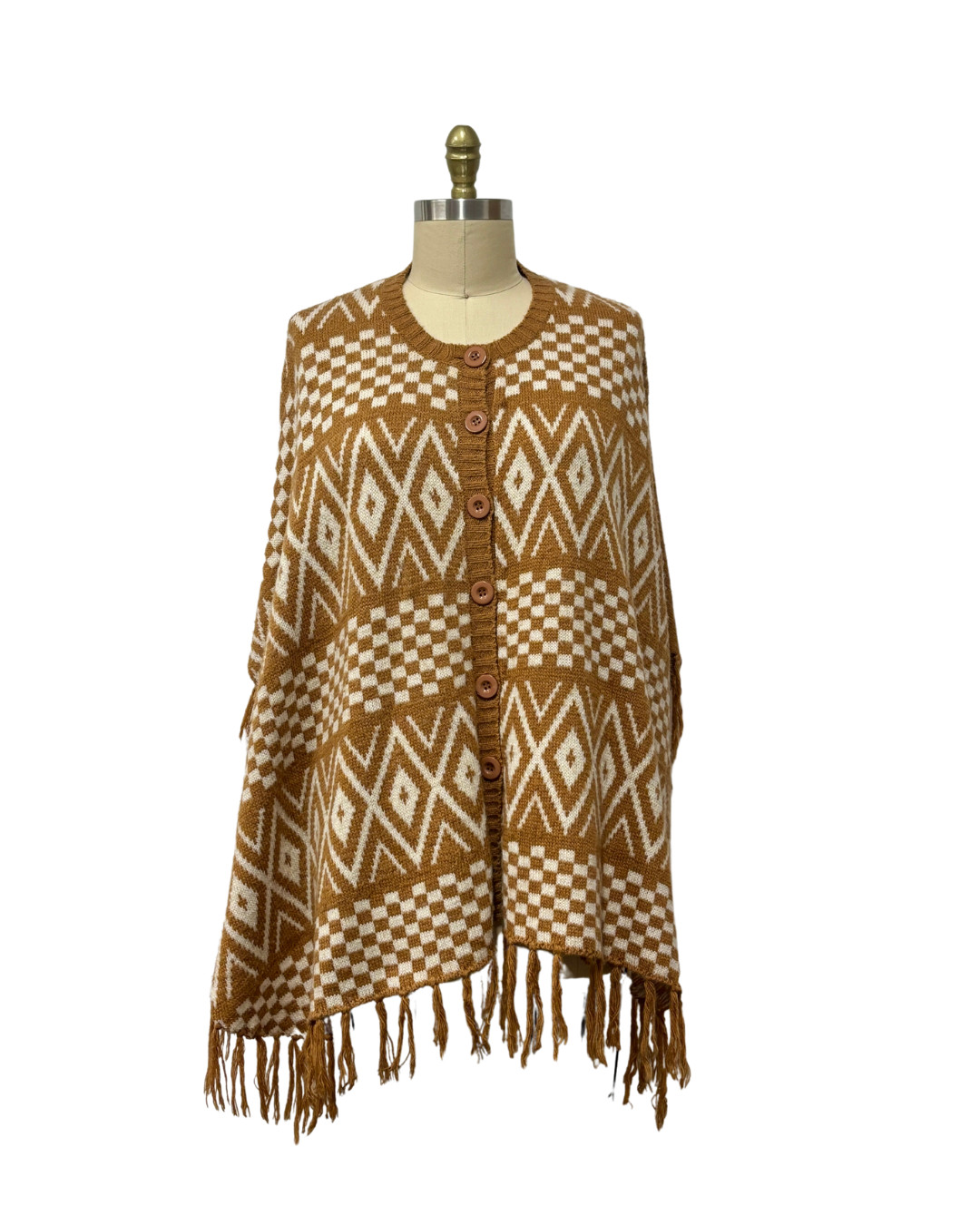 1970s CAMEL CHECKERED & CHEVRON FRINGE PONCHO | WOMEN’S CAPPUCCINO PONCHO