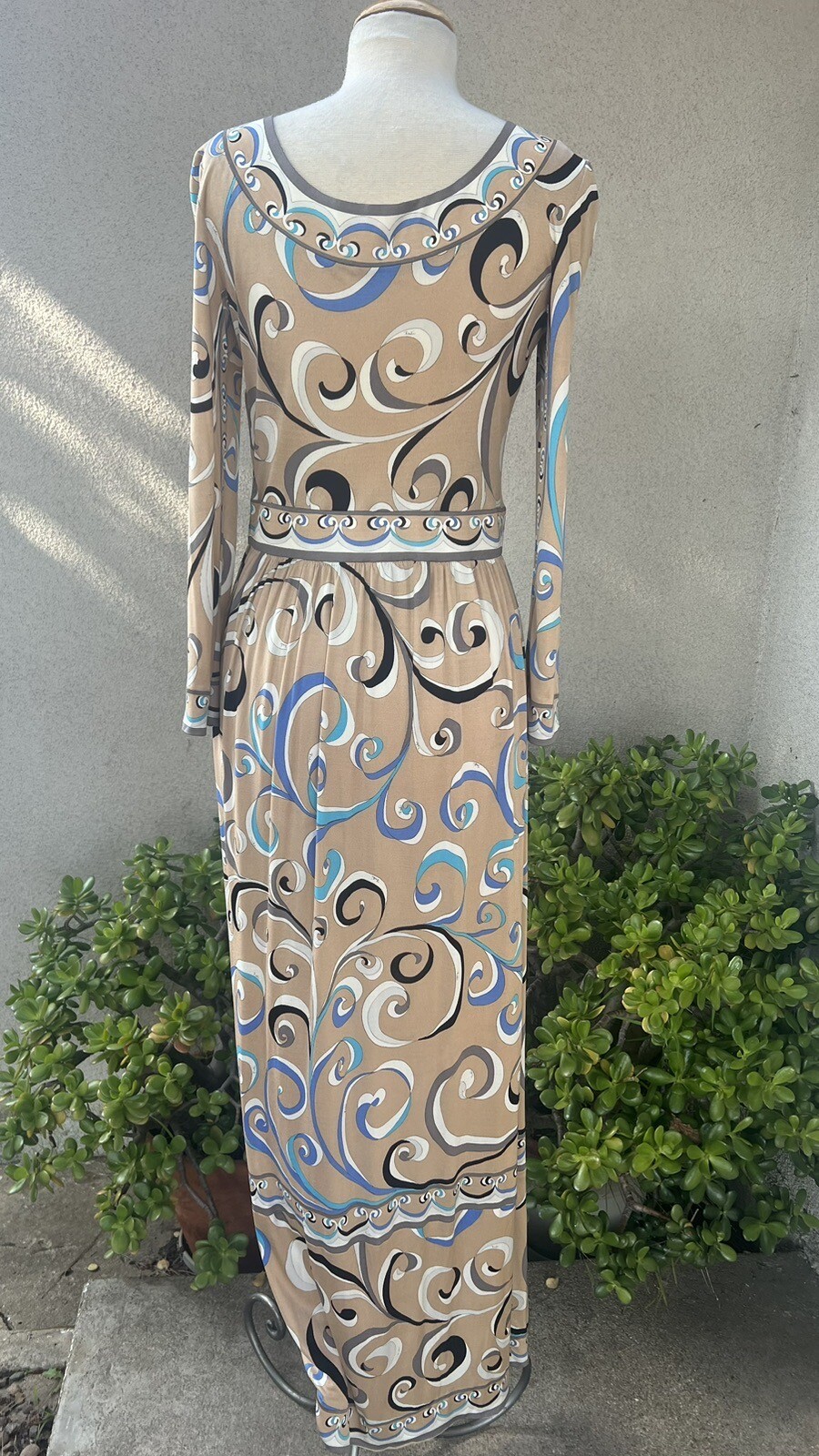 Vintage Modern 70s Emilio Pucci Maxi Dress Beige Blue Silk Polyester Sz small