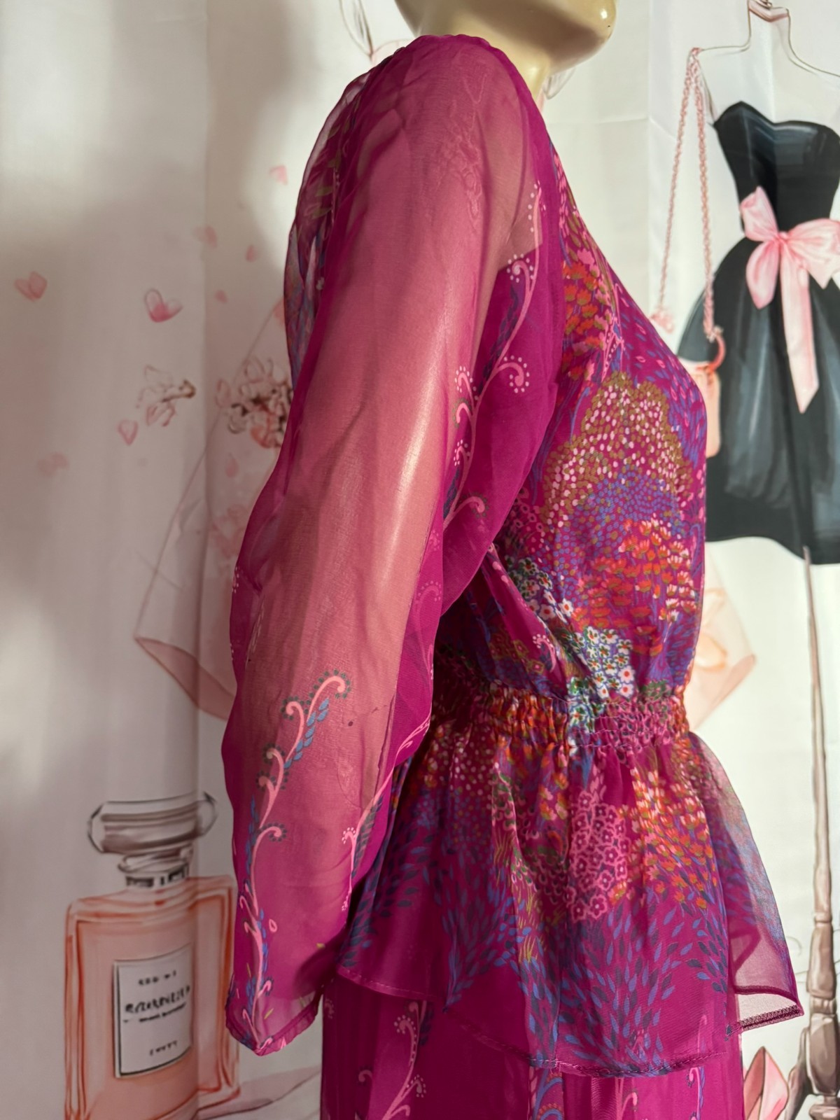 Vera Mont Vintage 70s Chiffon Maxi Dress Two Piece Pink Boho Size 32/34