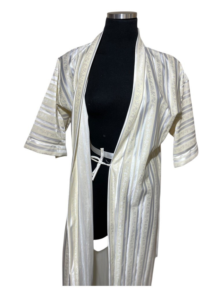 Vintage 70s 80s Robe Women M Long Satin Kimono Lightweight Yellow Stripe Floral