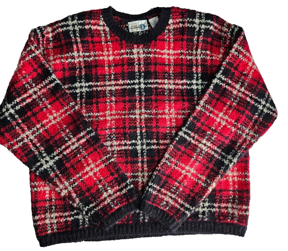 Vtg 80s PHD Paul Harris Design Large Red Plaid Pullover Sweater Mohair Blend